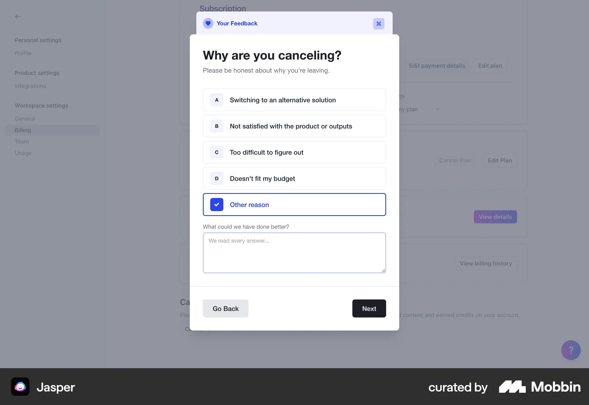 Jasper Web Feedback screen