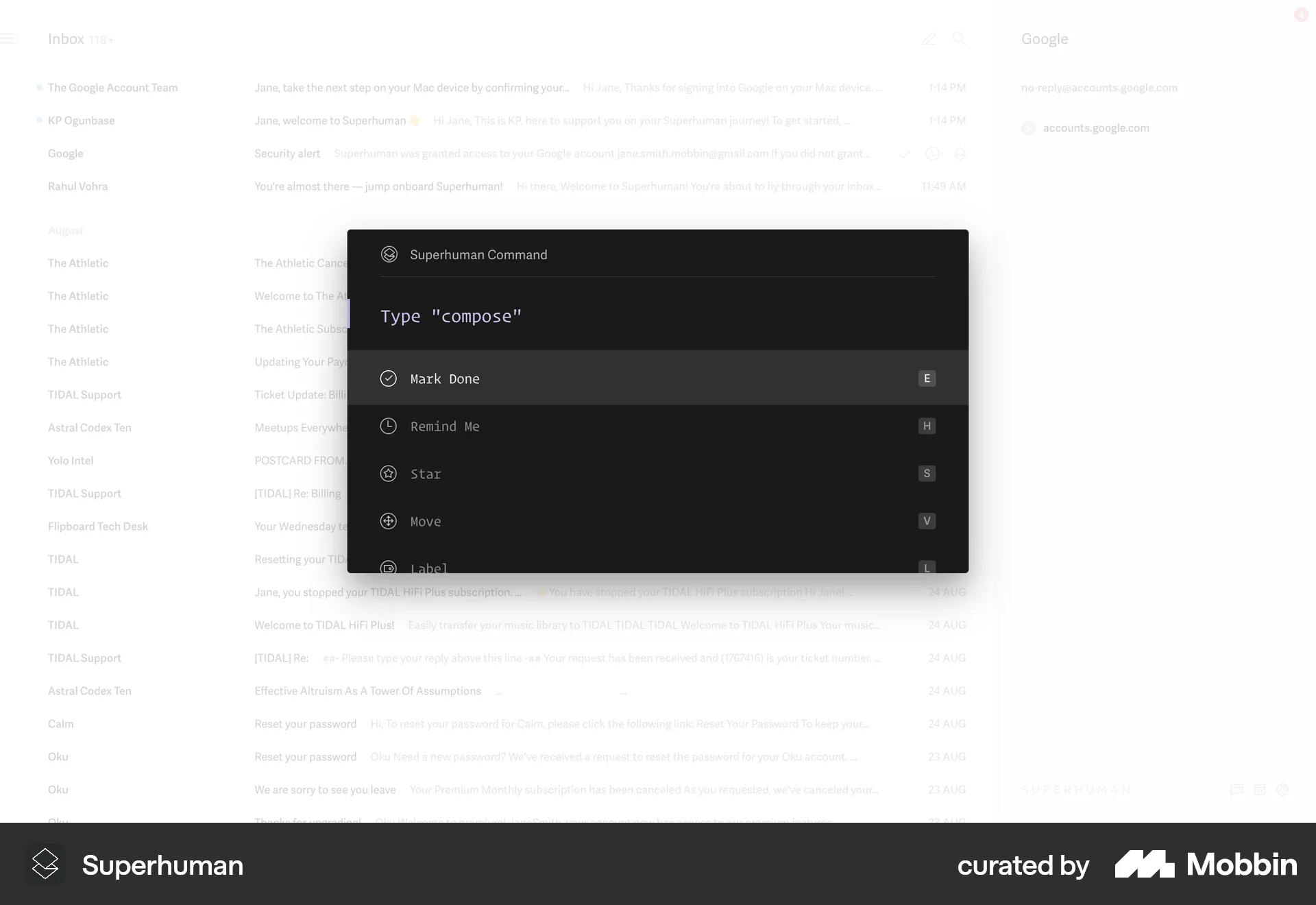 Superhuman Mail Web Command Palette screen