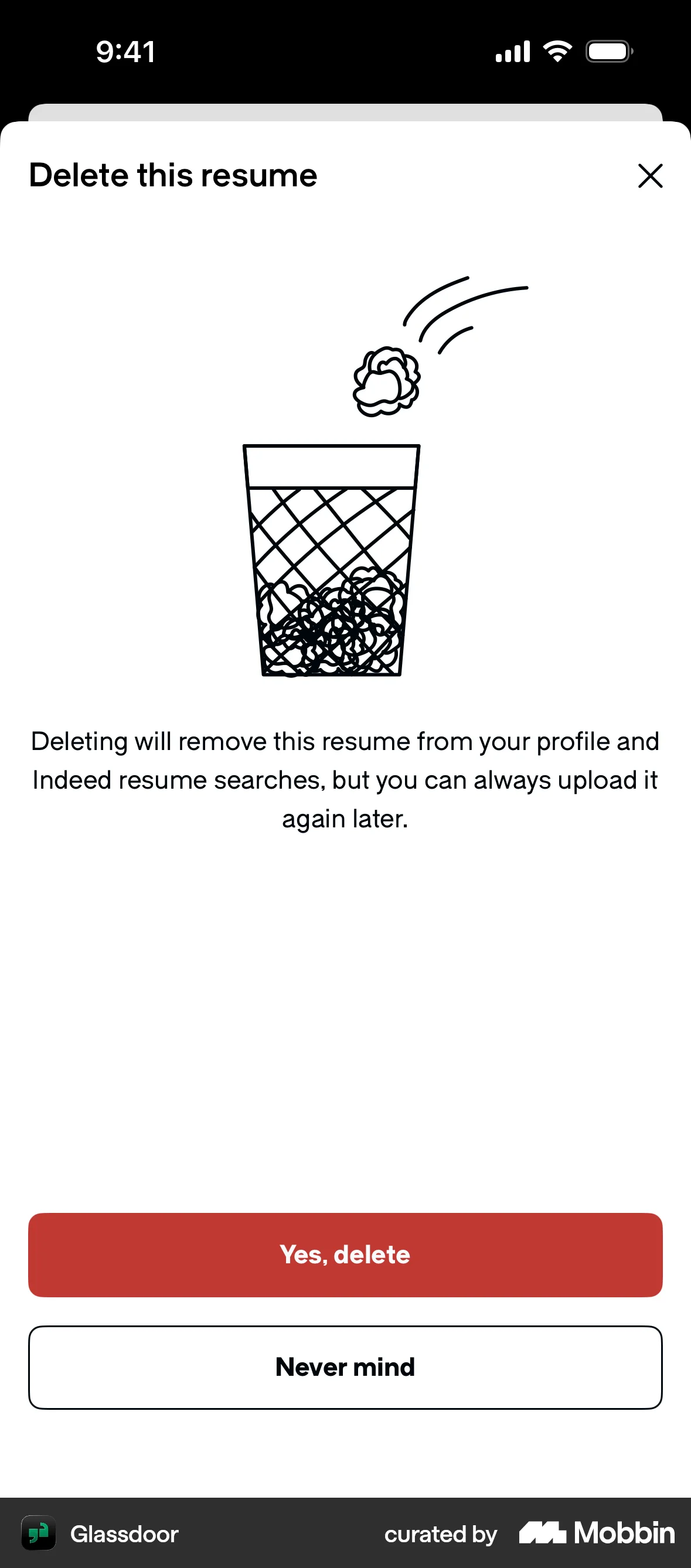 Glassdoor iOS Confirmation screen