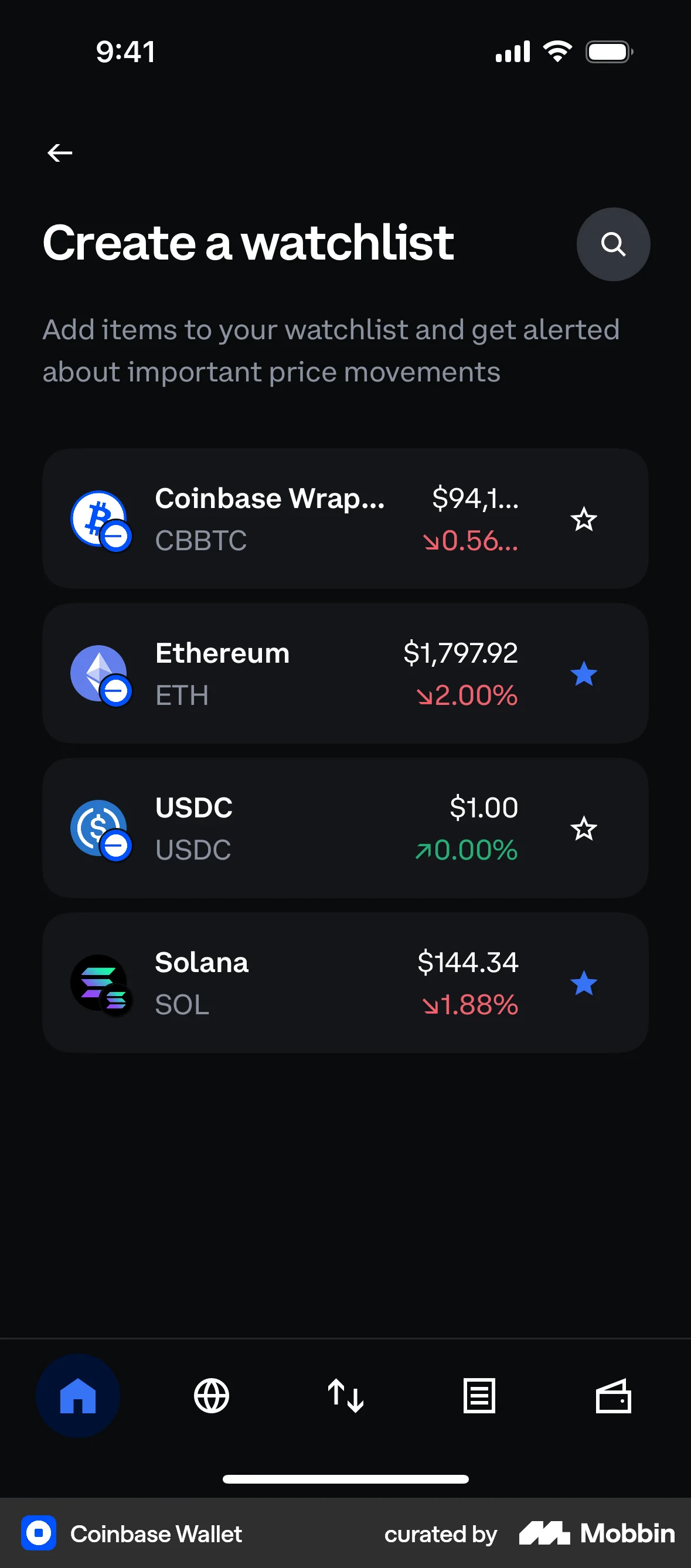 Coinbase Wallet iOS Favorite & Pin screen