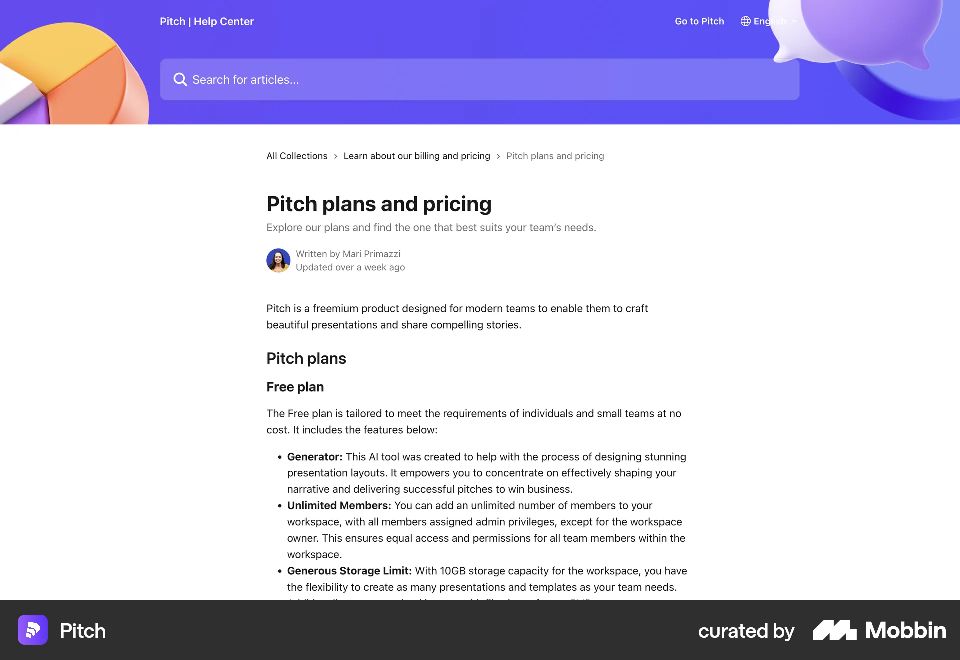 Pitch Web Article Detail screen