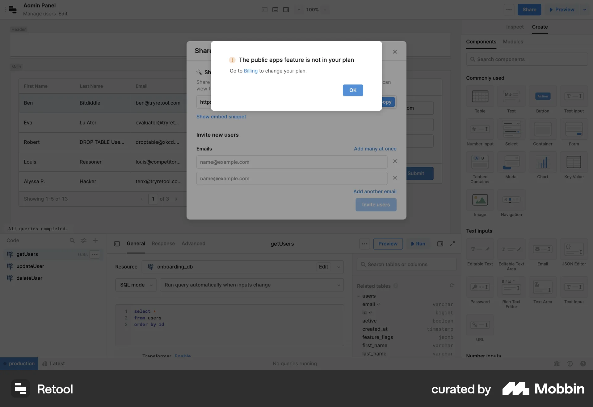 Retool Web Admin UI screen