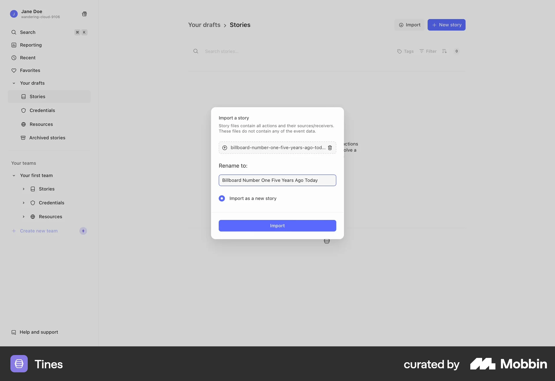 Tines Web Import & Export screen