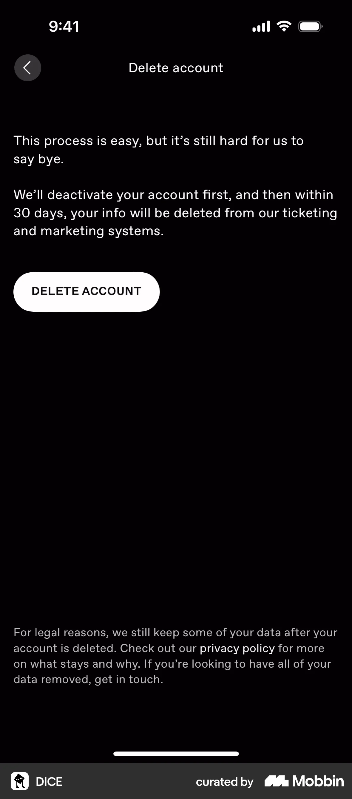 DICE iOS Delete & Deactivate Account screen