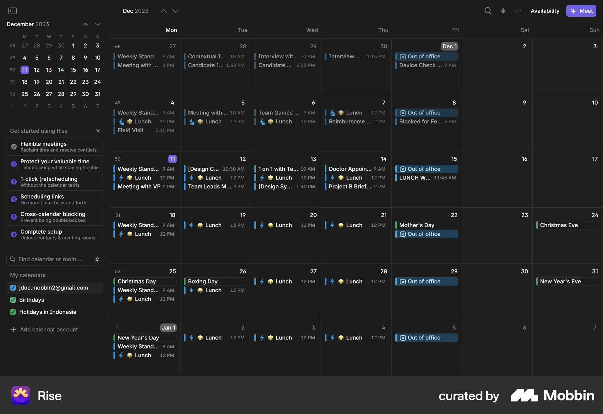 Rise Web Calendar screen