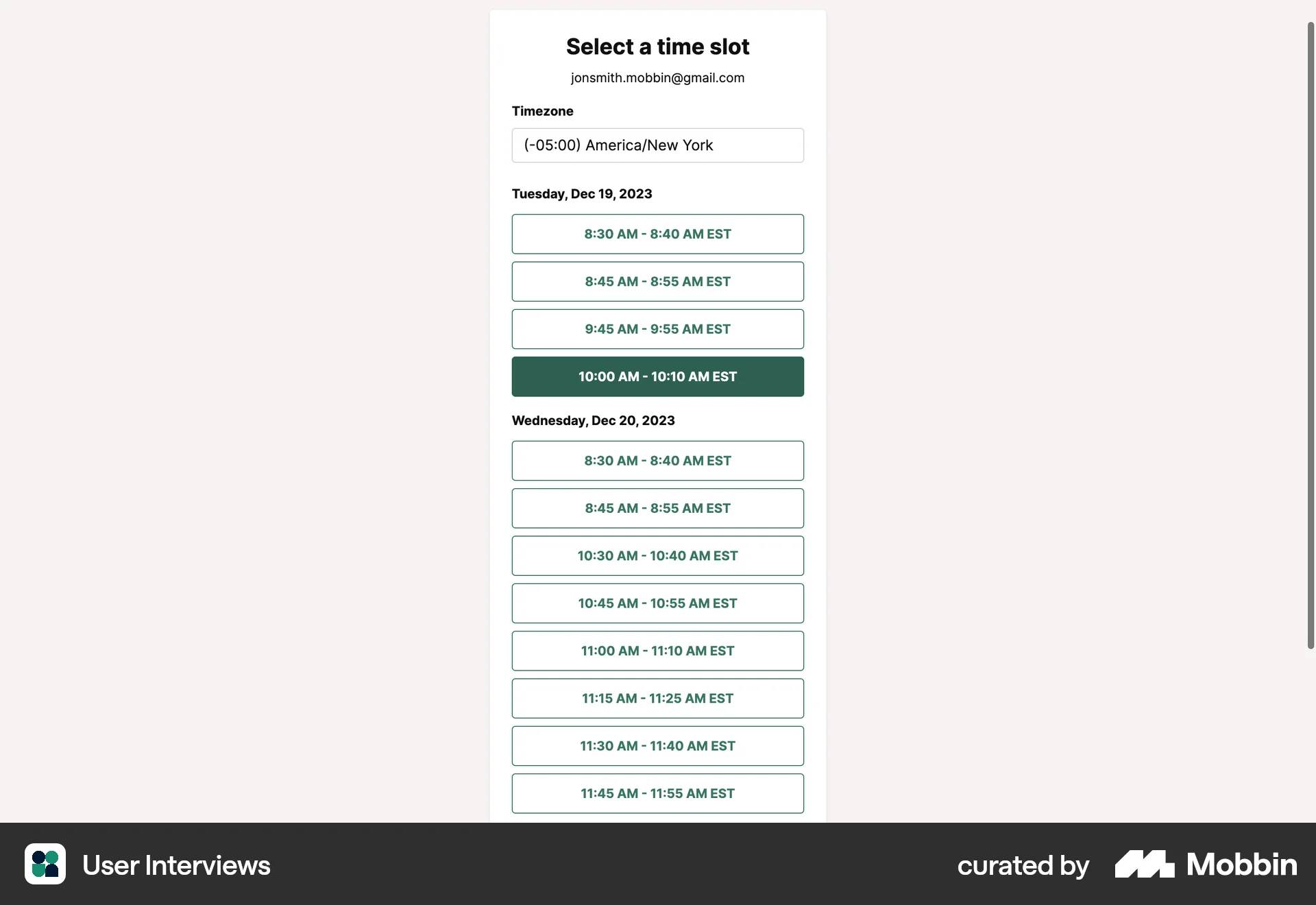 User Interviews Web Select screen