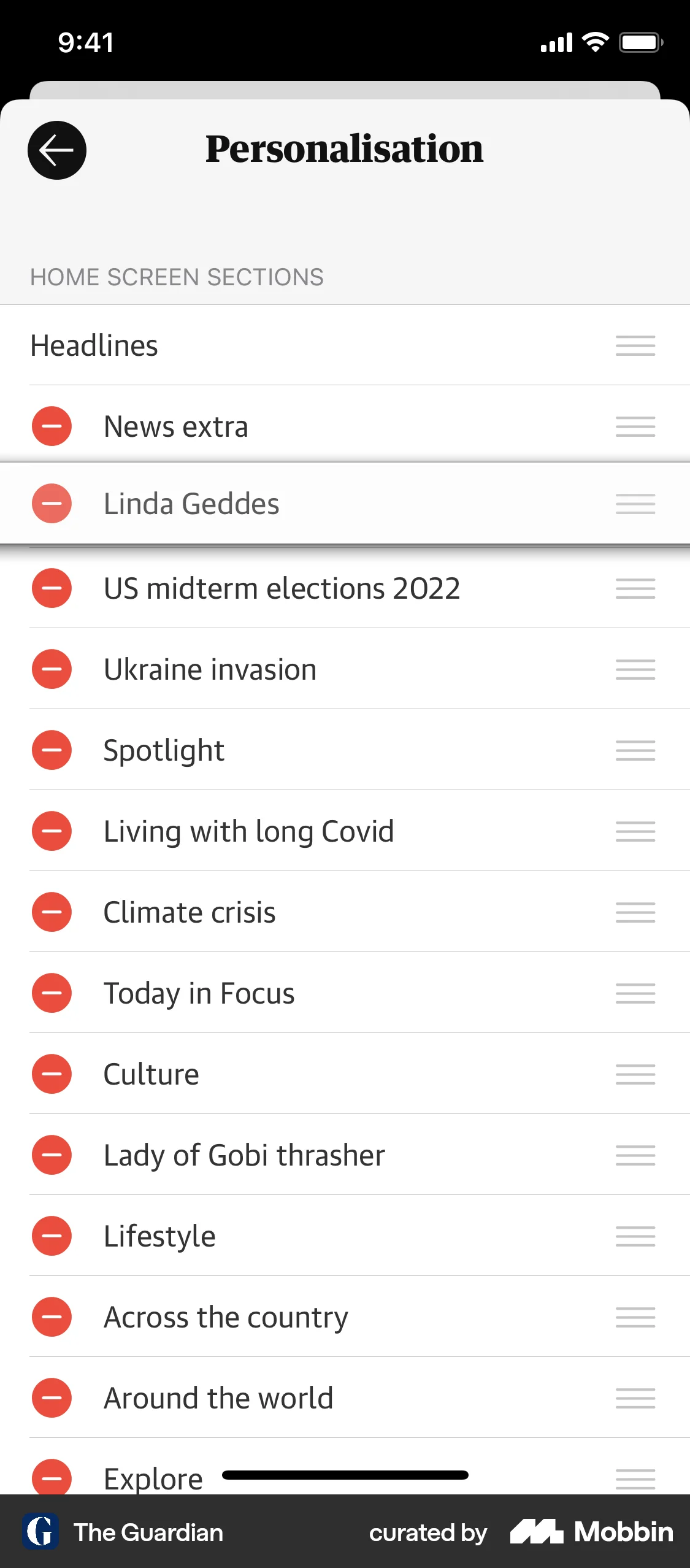 The Guardian iOS Reorder screen
