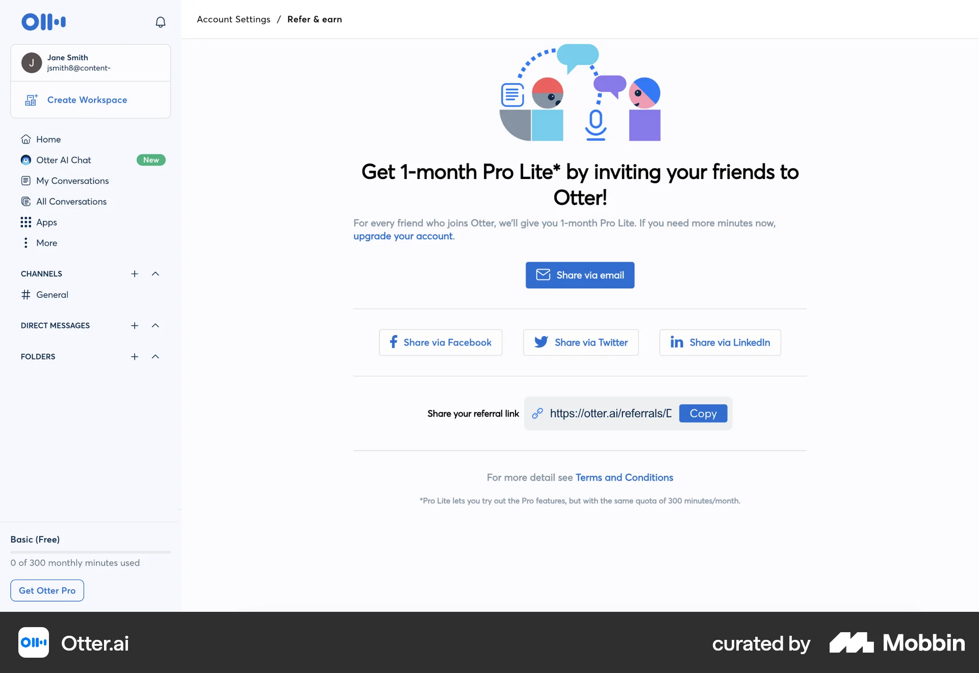 Otter.ai Web Invite & Refer Friends screen