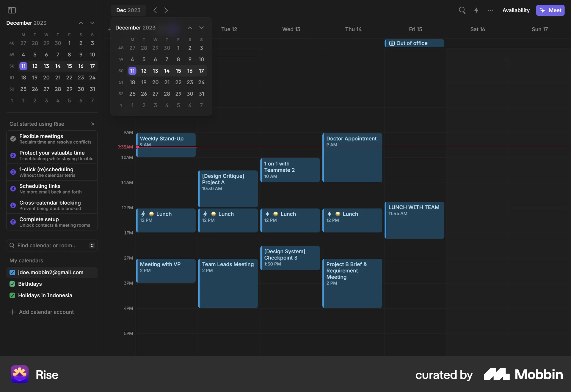 Rise Web Calendar screen