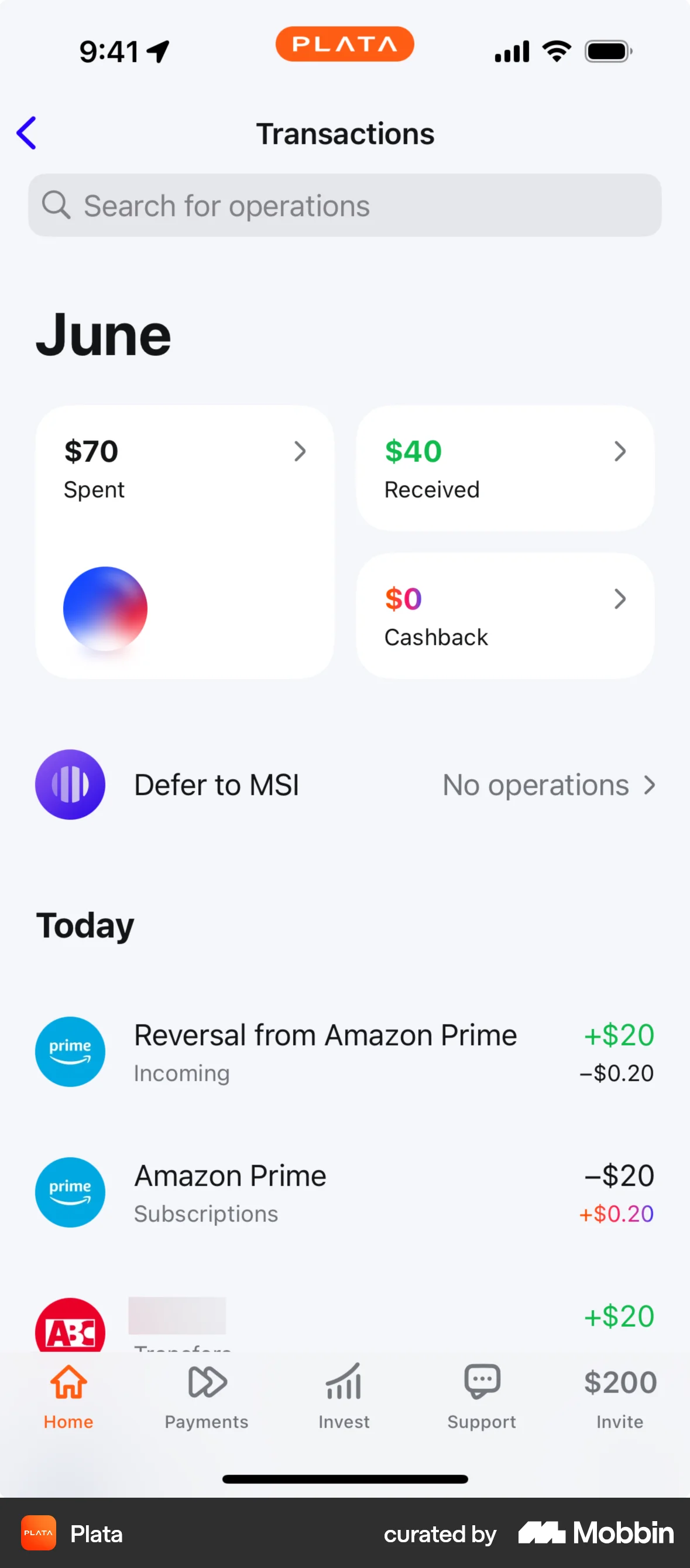 Plata Card iOS screen