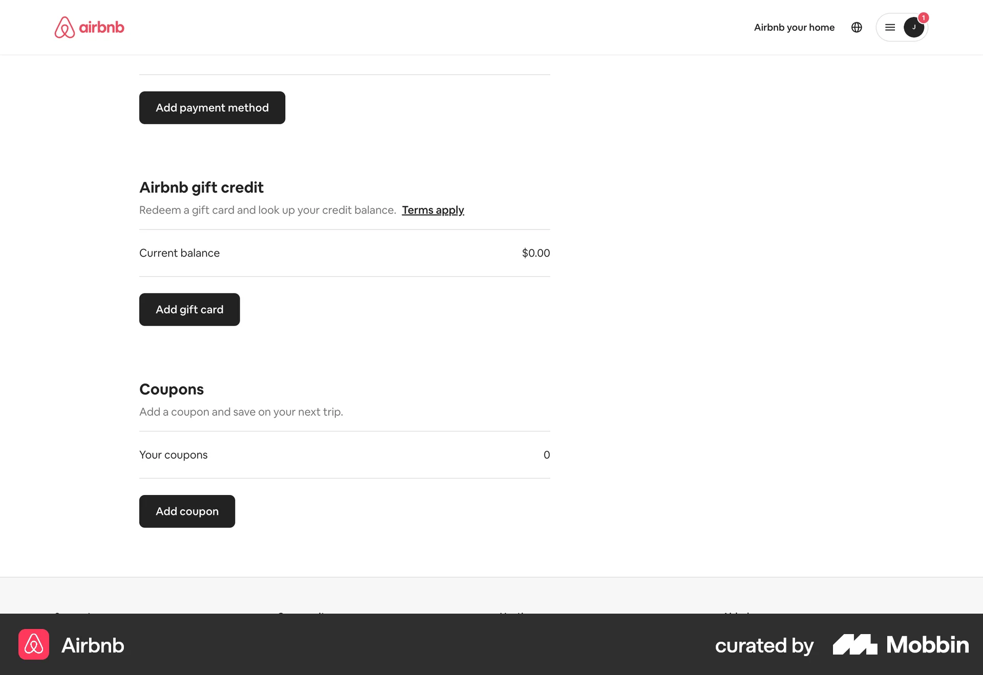 Airbnb Web Wallet & Balance screen