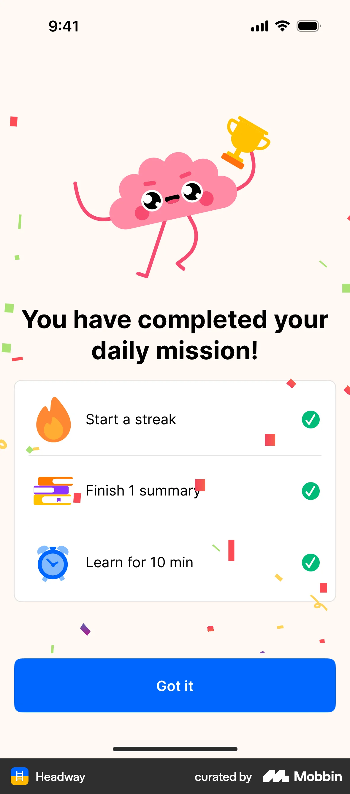 Headway iOS Confetti screen