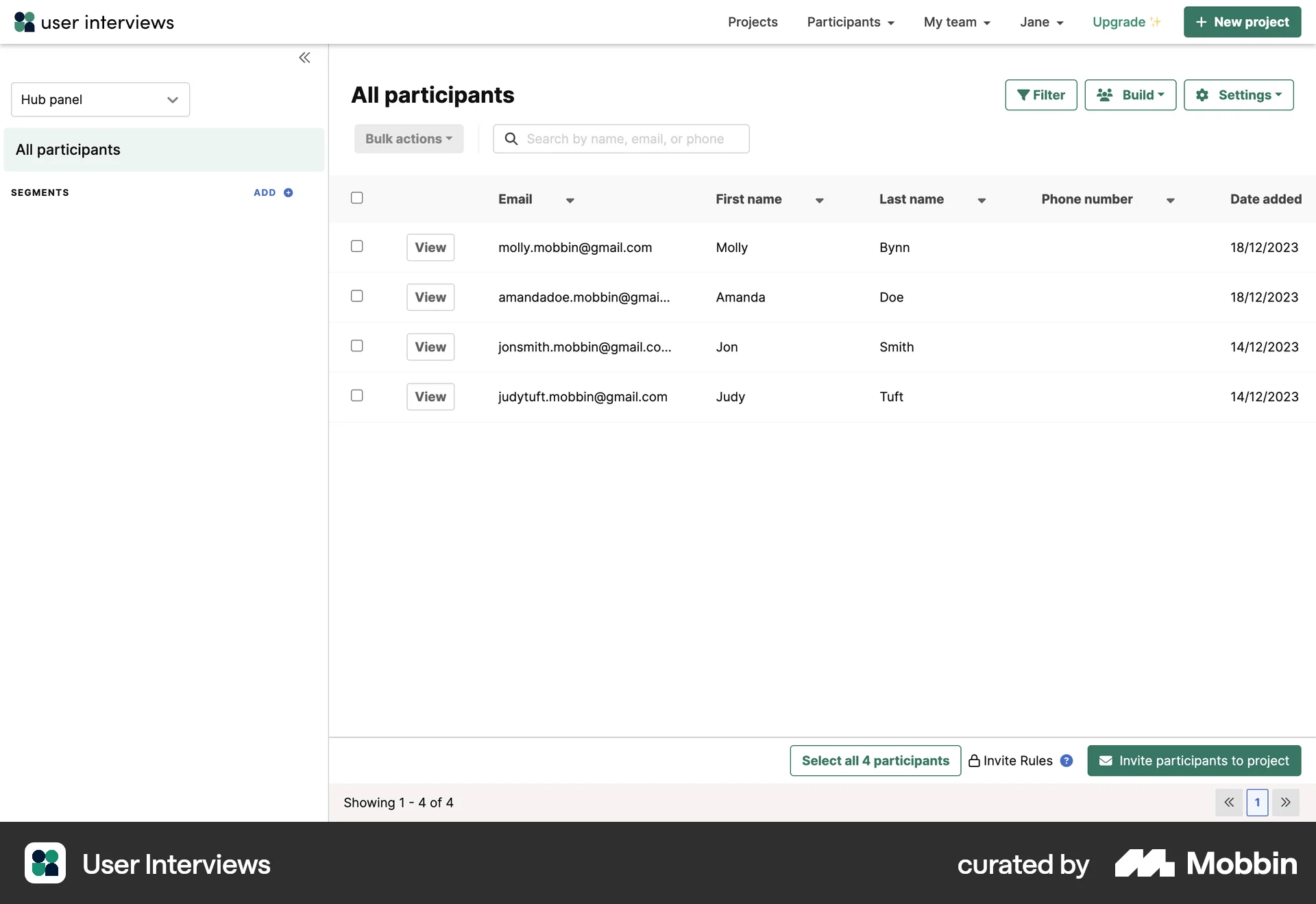 User Interviews Web screen containing Table UI element