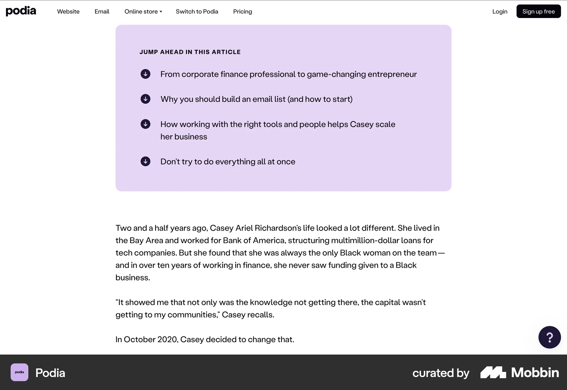 Podia Web screen containing Table of Contents UI element