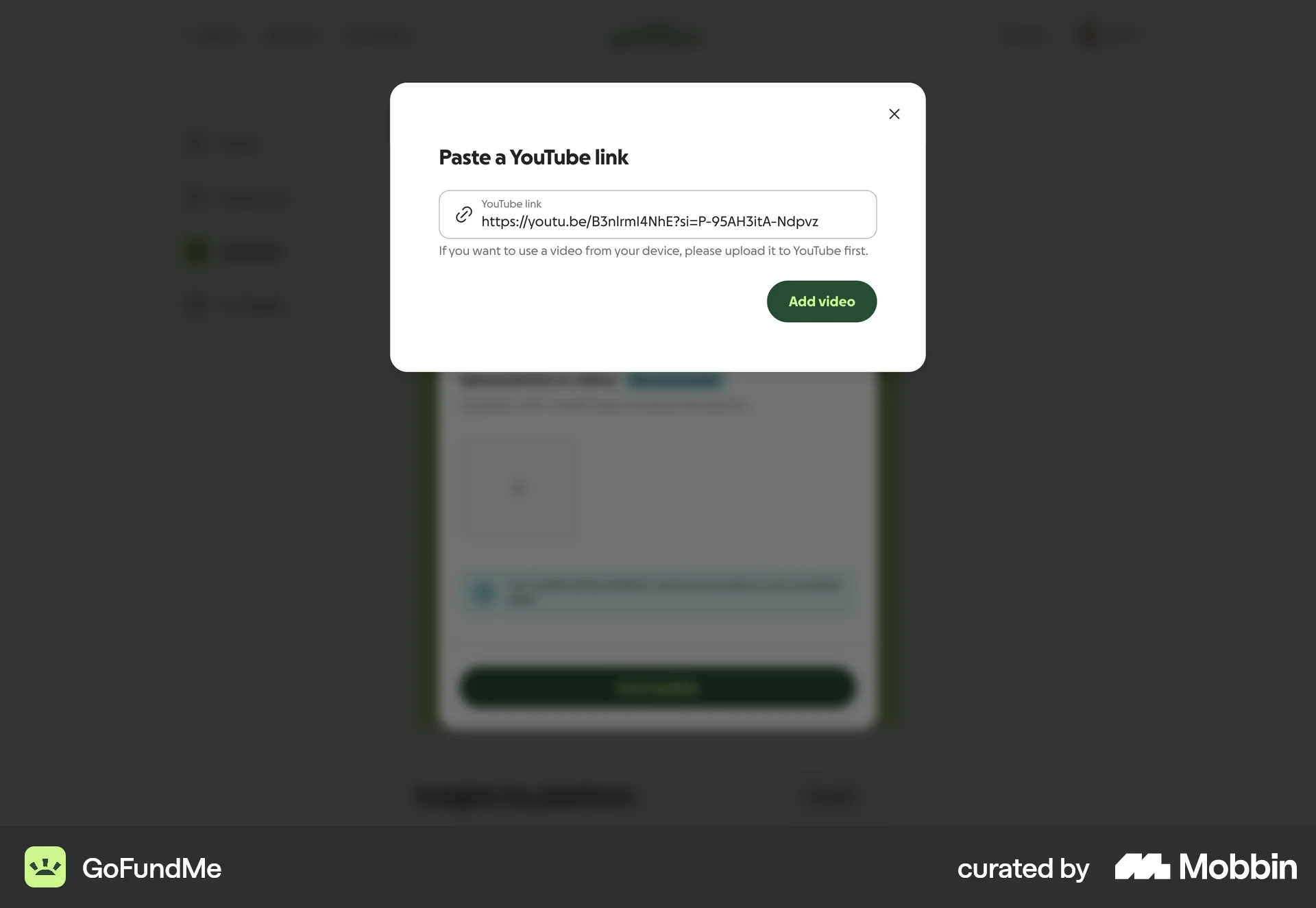 GoFundMe Web screen containing Modal UI UI element