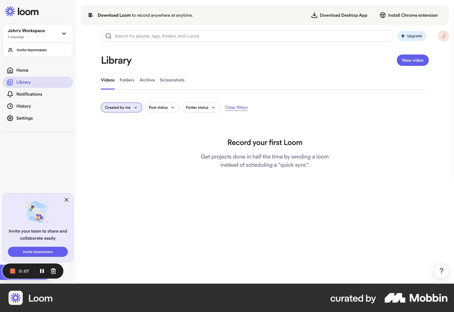 Loom Web Timer & Clock screen