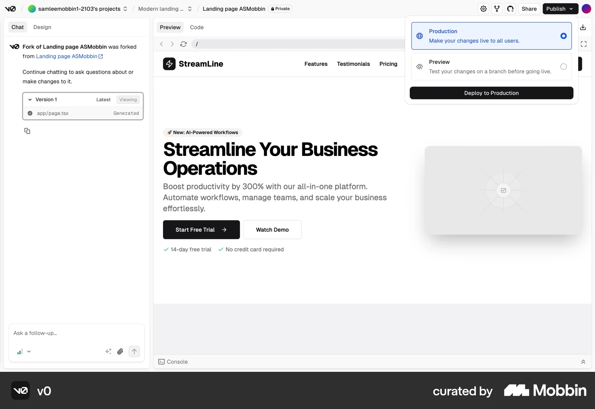 v0 Web screen containing Radio Button UI element