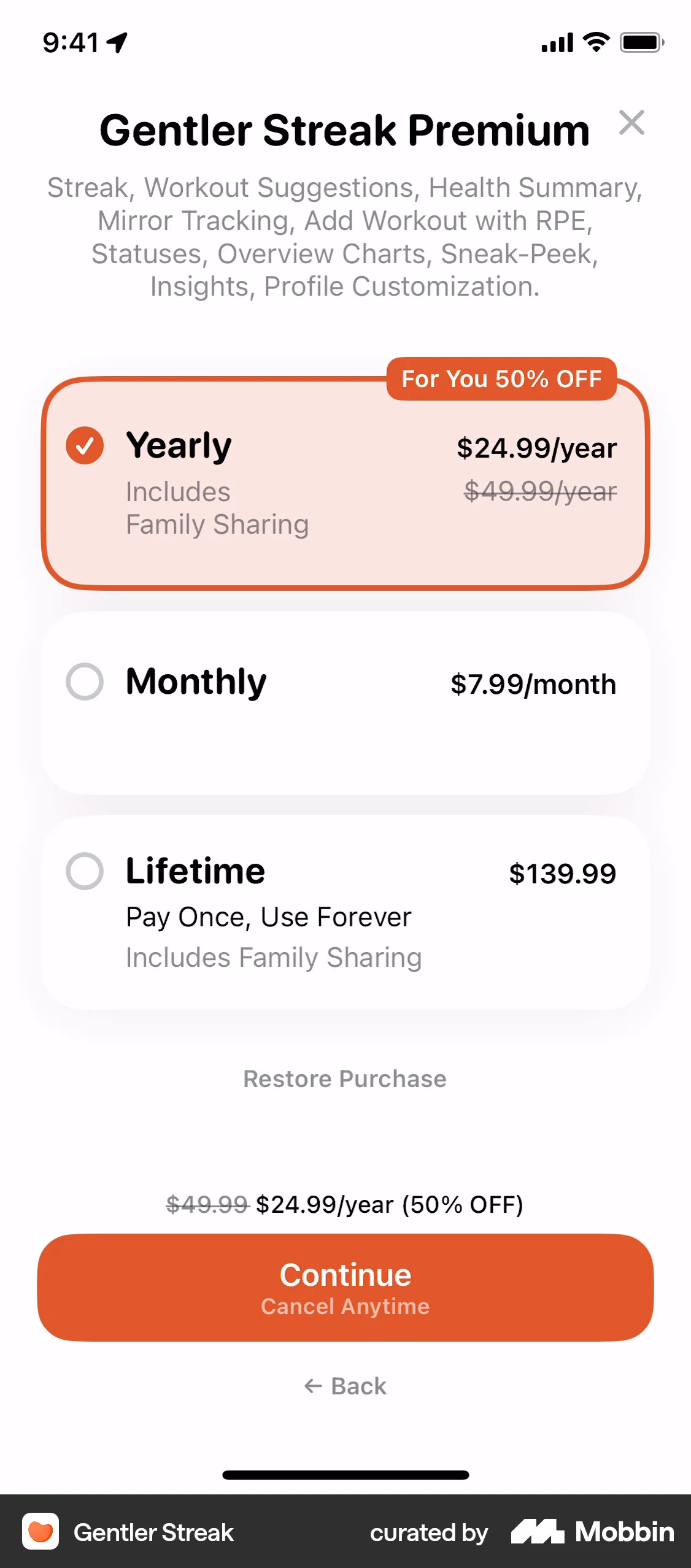 Gentler Streak iOS Subscription & Paywall screen