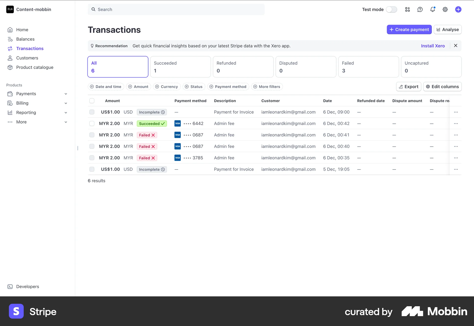 Stripe Web screen containing Table UI element