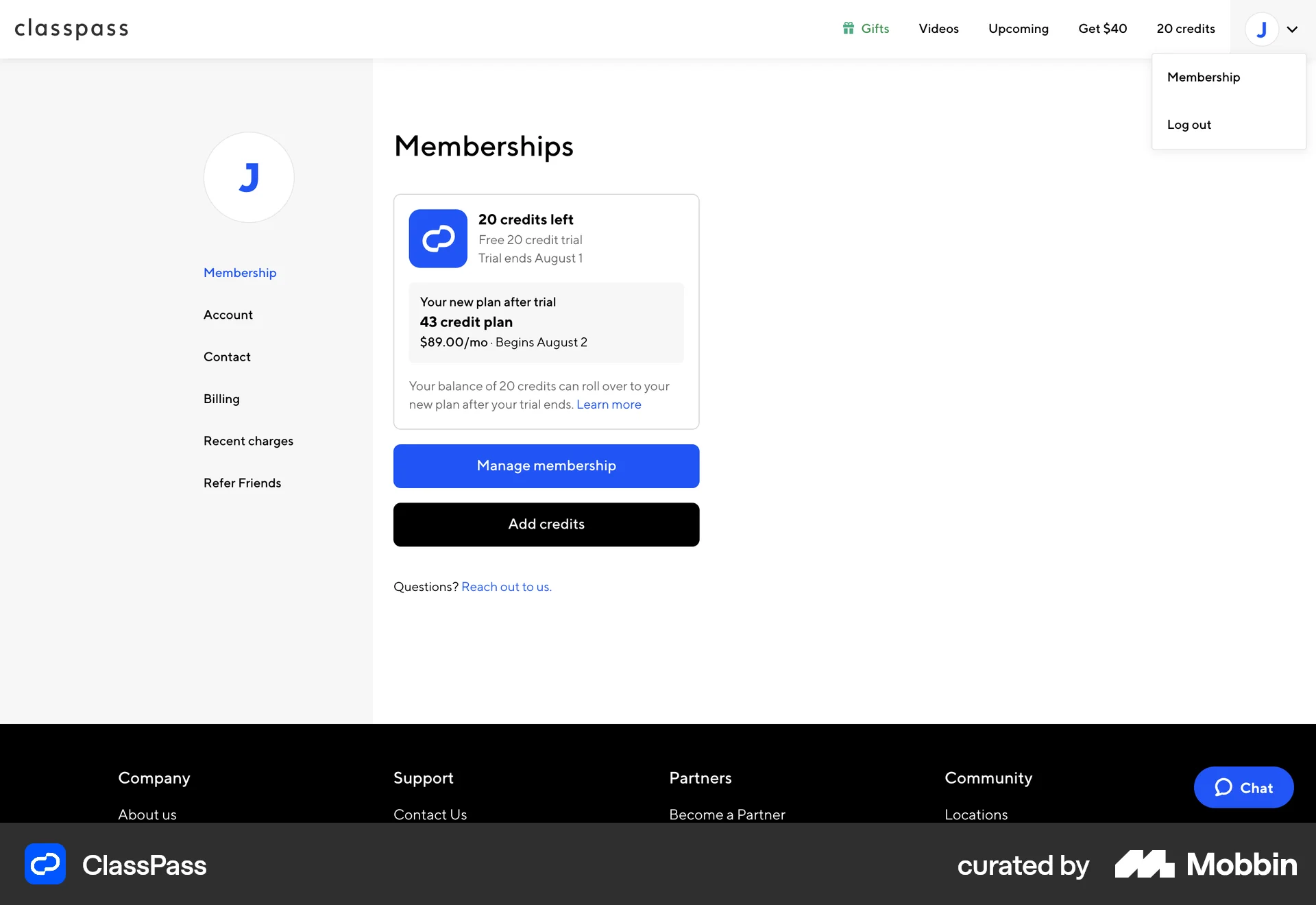 ClassPass Web screen containing Dropdown Menu UI element