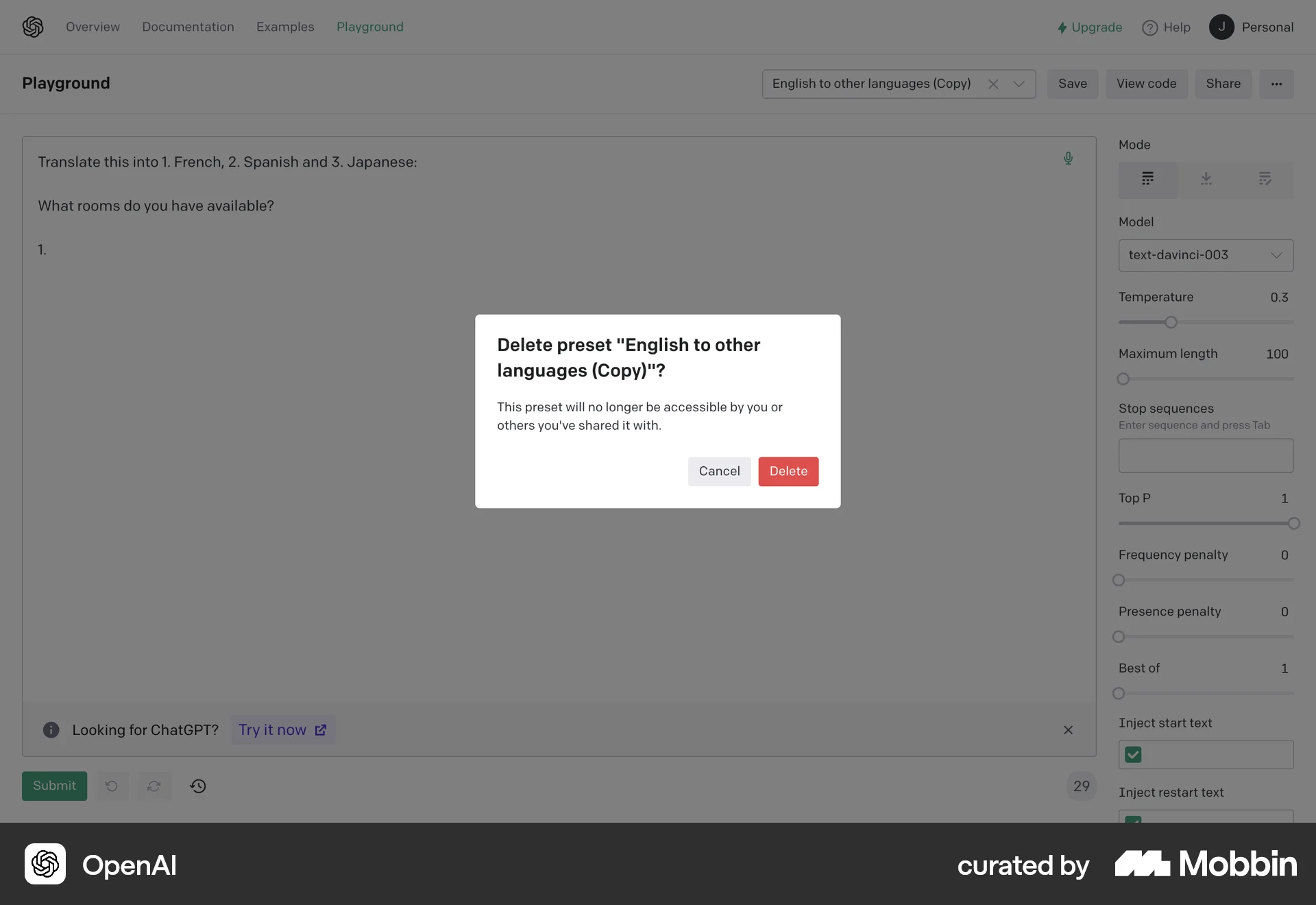 OpenAI Platform Web Delete screen
