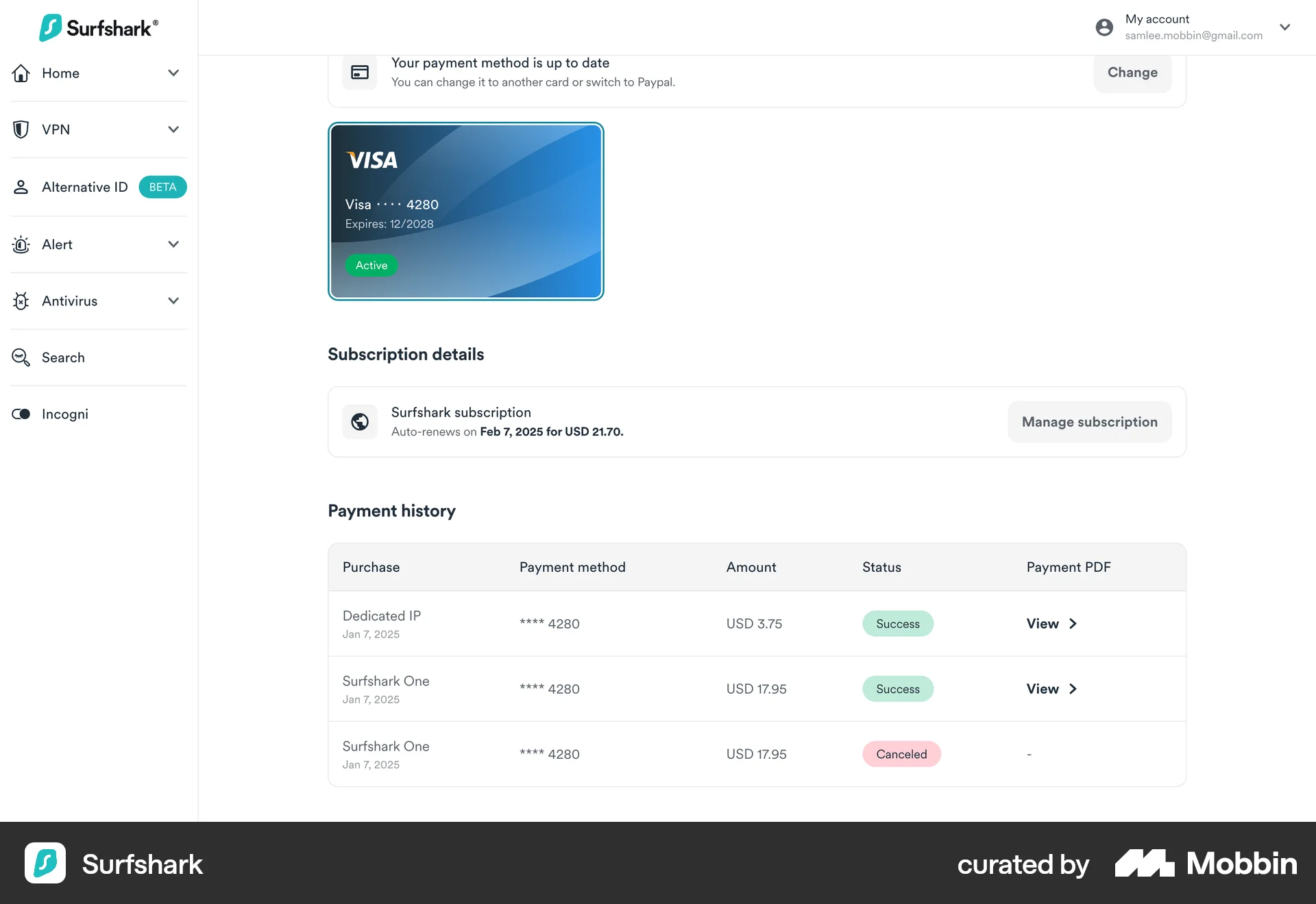 Surfshark Web Order History screen