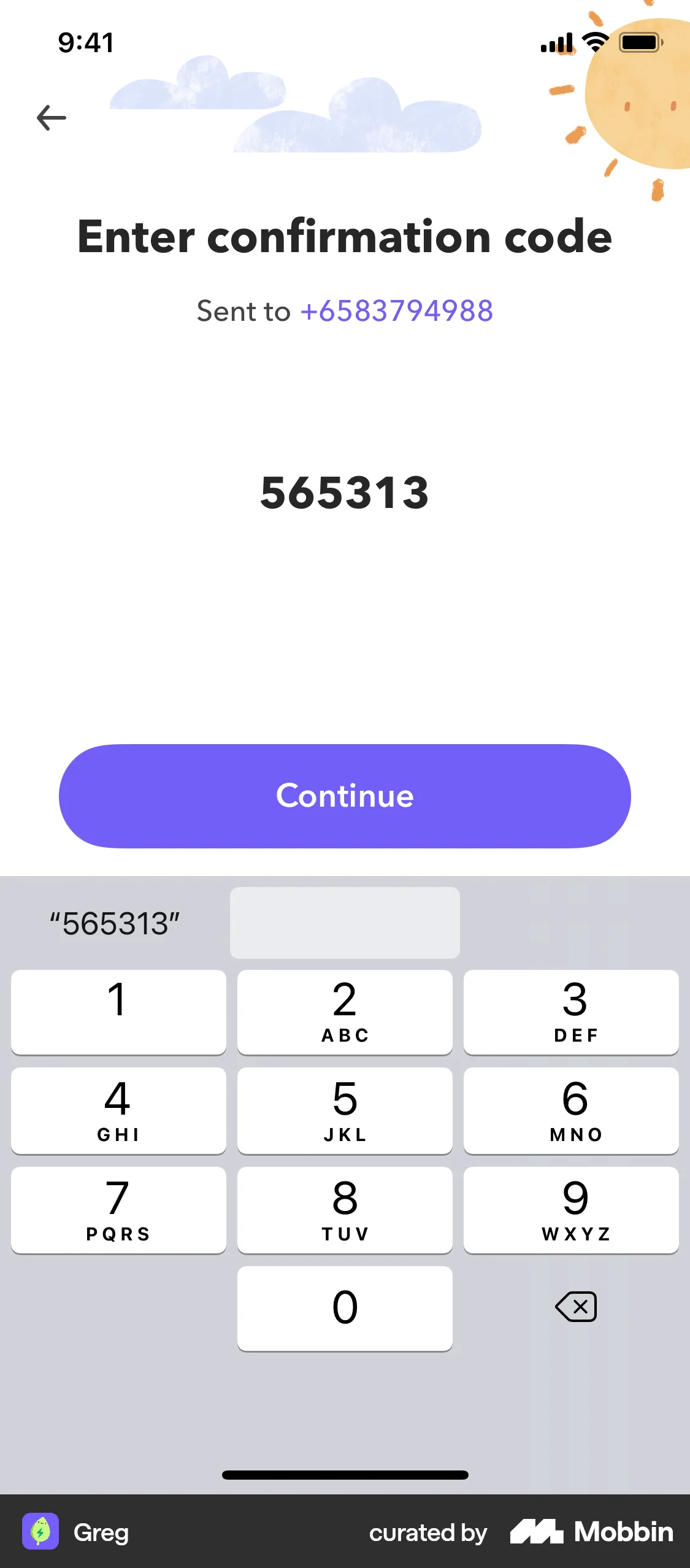 Greg iOS Verification screen