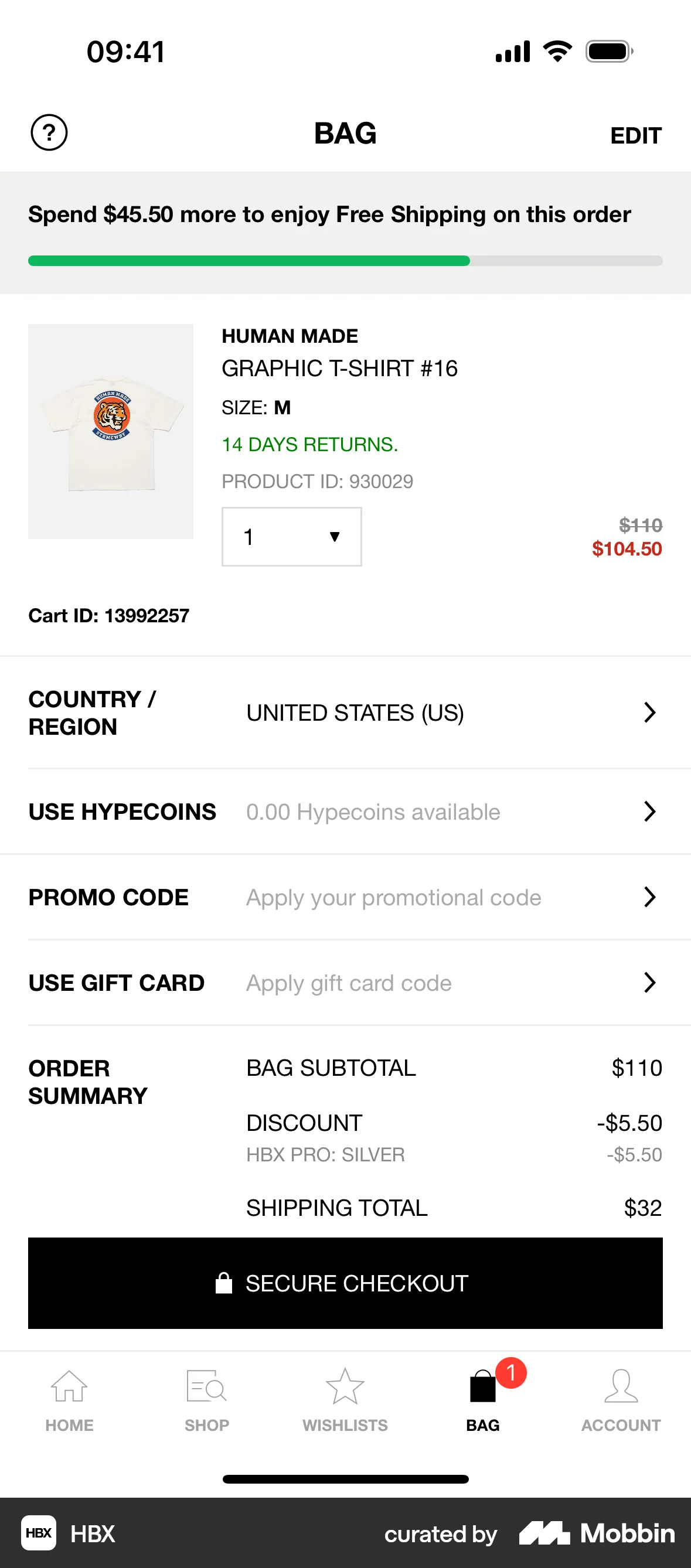 HBX iOS Mobile Shopping Cart screen
