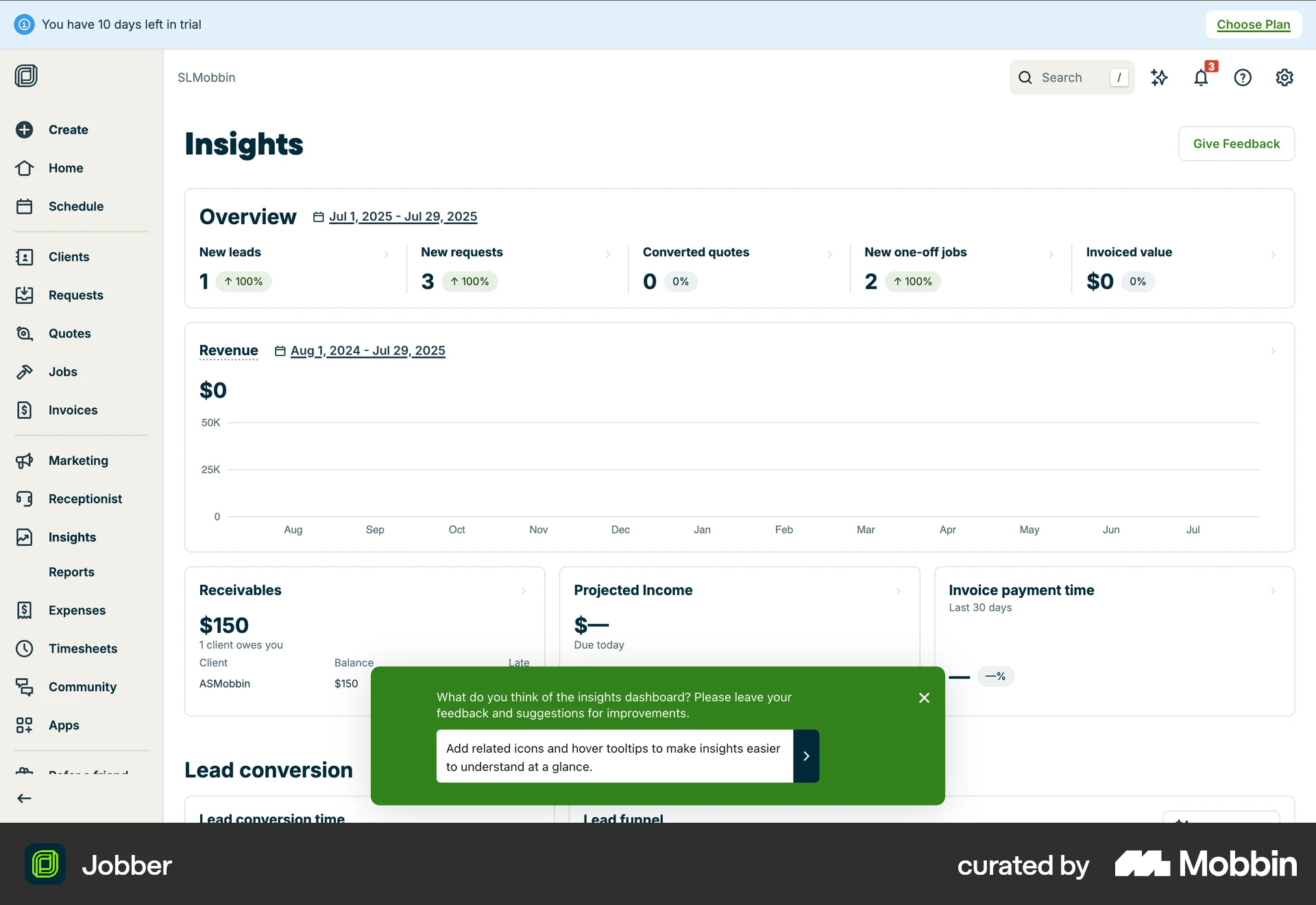 Jobber Web Feedback screen