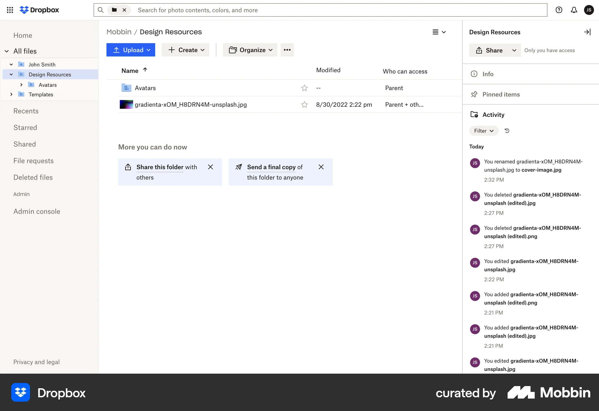 Dropbox Web Notifications screen