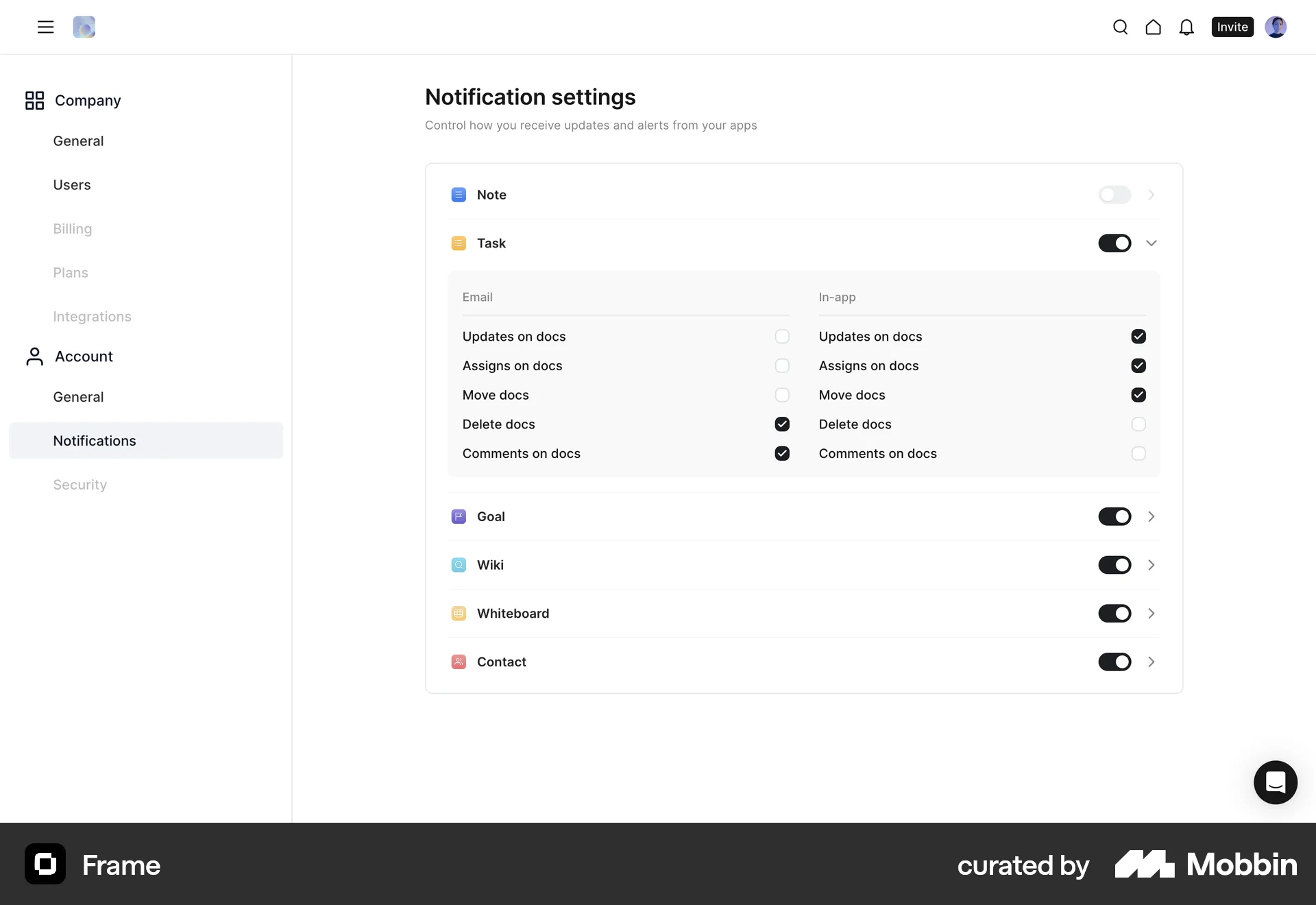 Frame Web screen containing Switch UI element