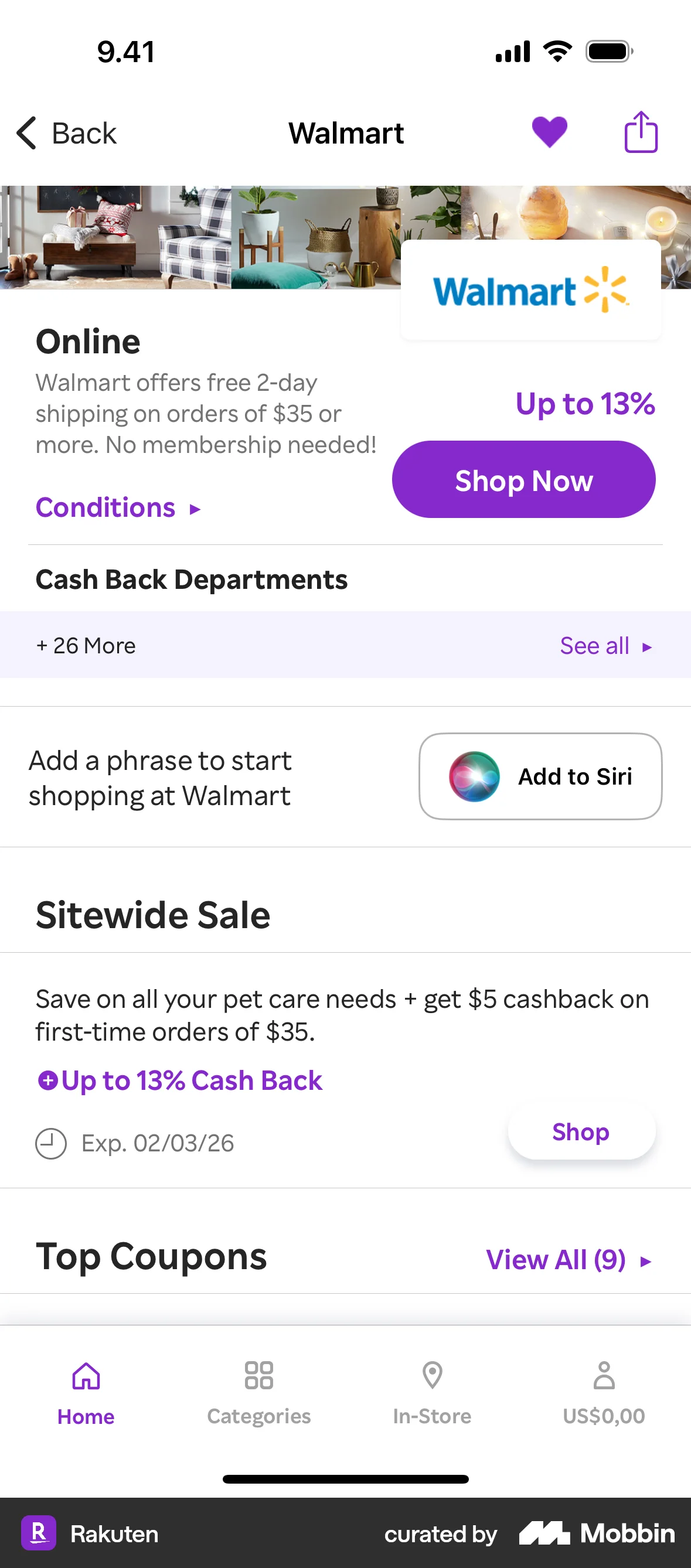 Rakuten iOS Favorite & Pin screen