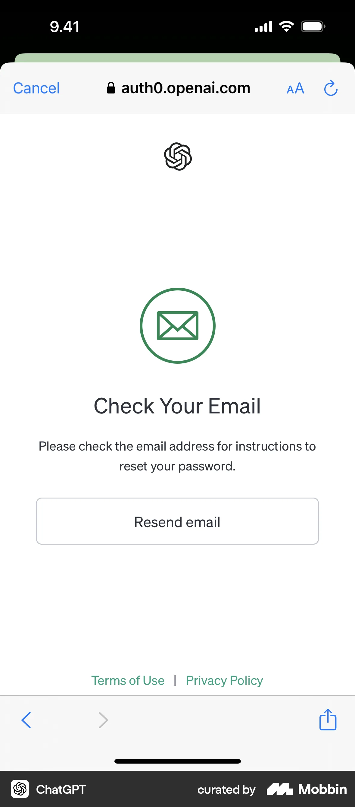 ChatGPT iOS Forgot Password screen