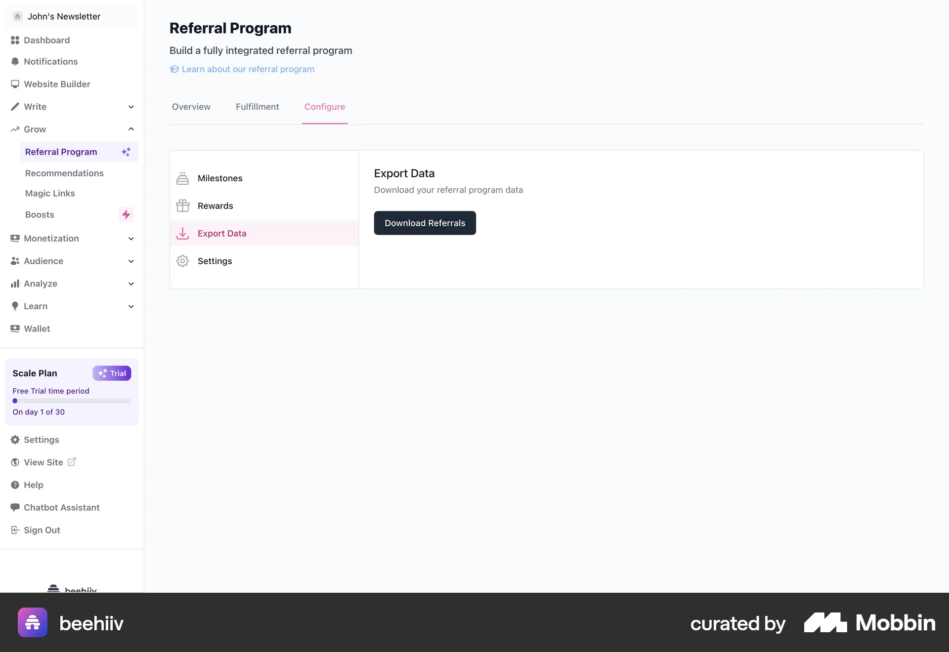 beehiiv Web Import & Export screen
