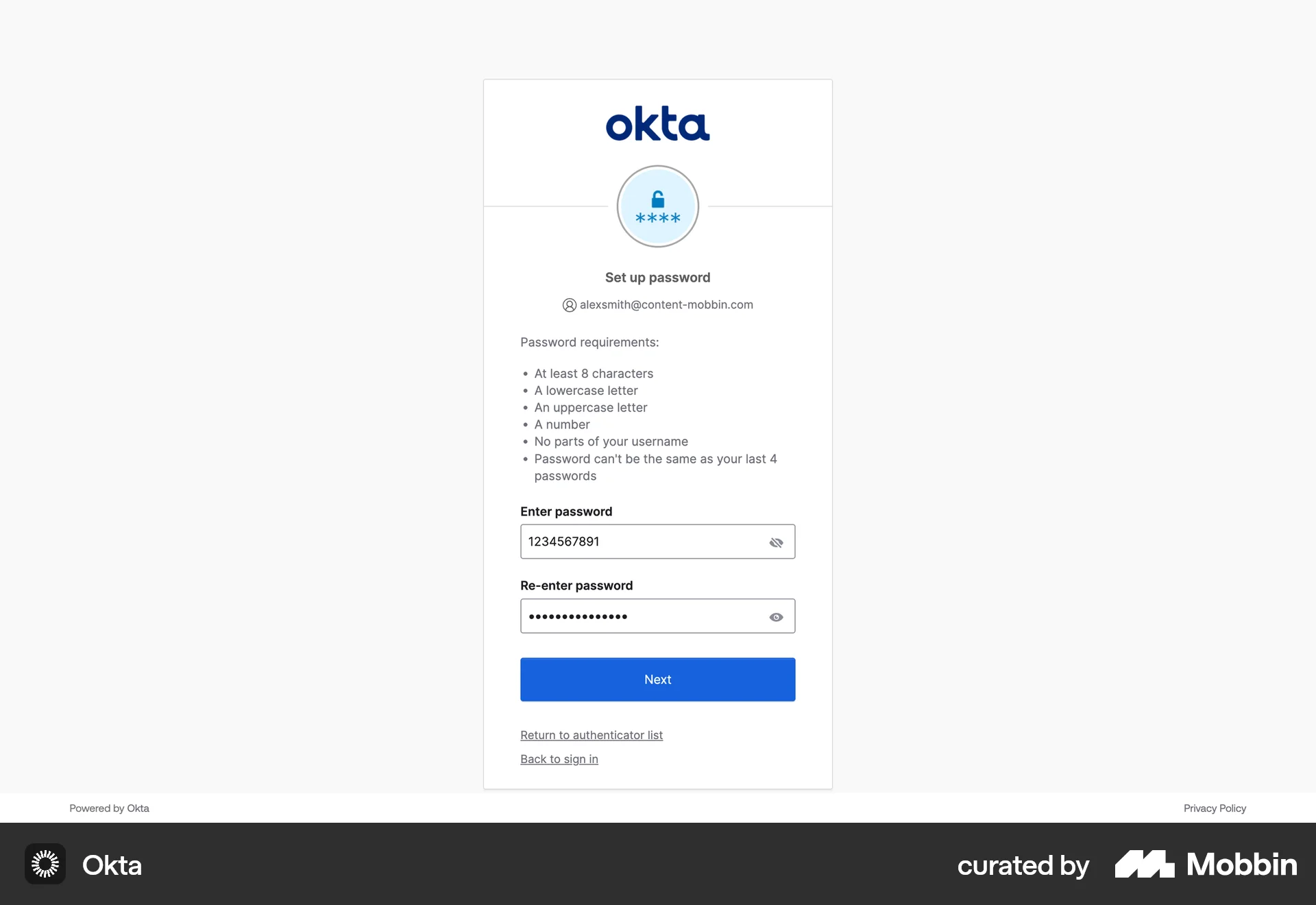 Okta Web Signup screen
