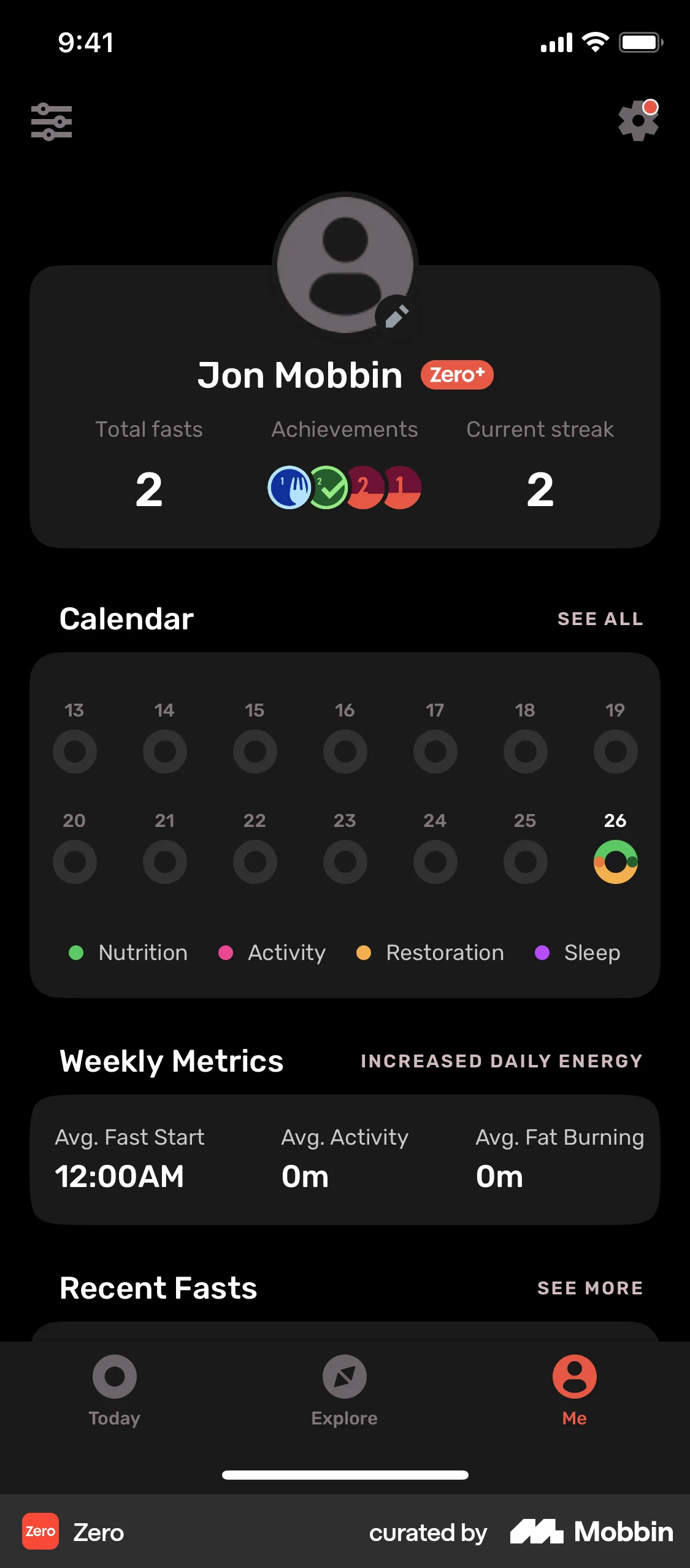 Zero iOS My Account & Profile screen