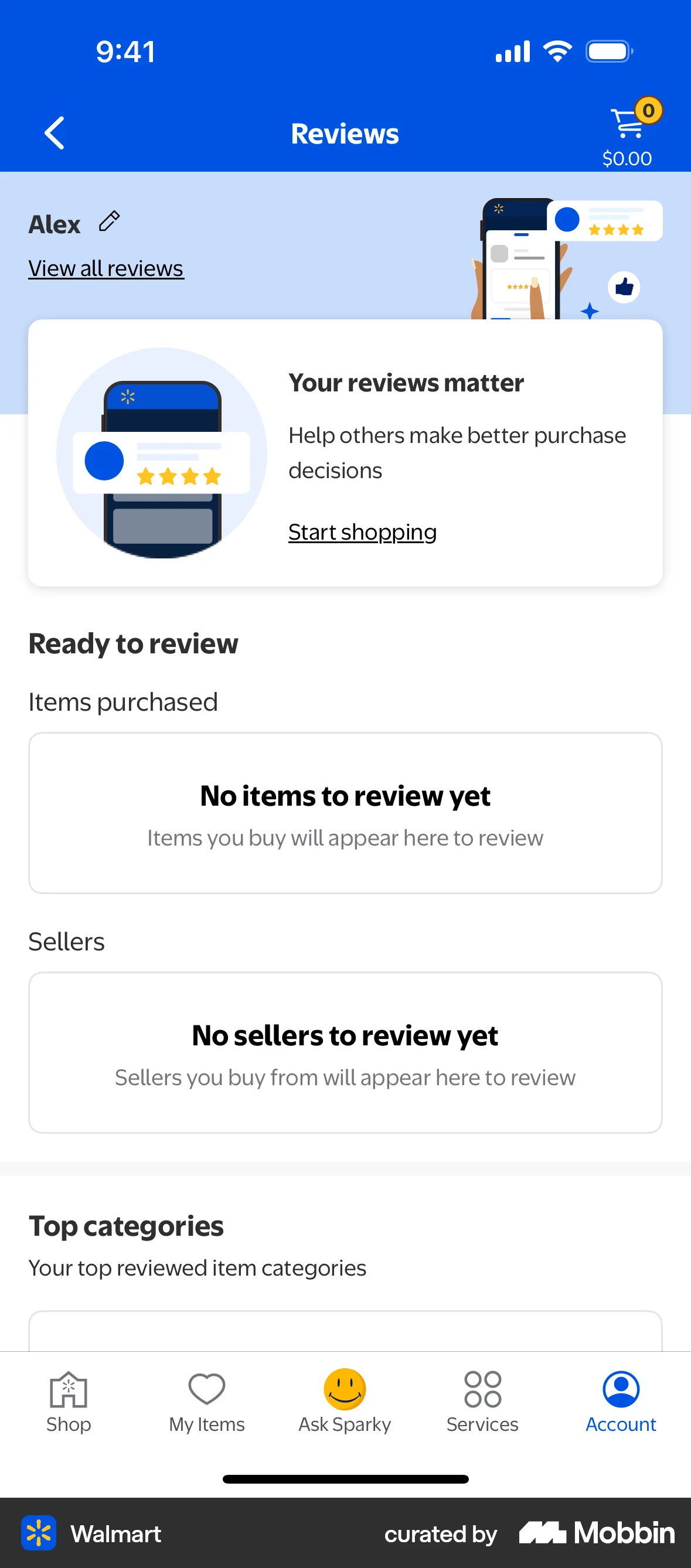 Walmart iOS Empty State screen