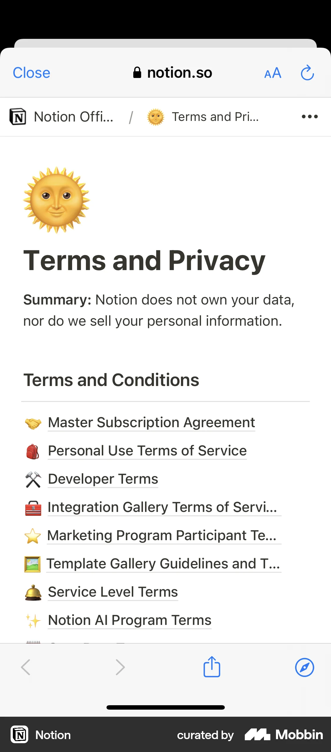 Notion iOS Privacy Policy screen