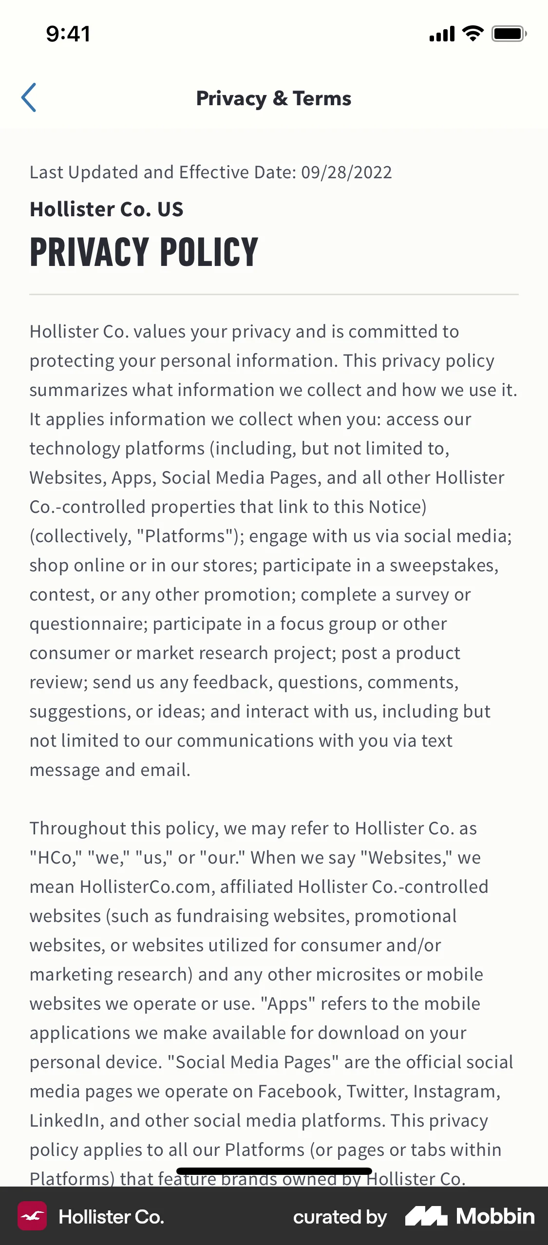 Hollister Co. iOS Privacy Policy screen