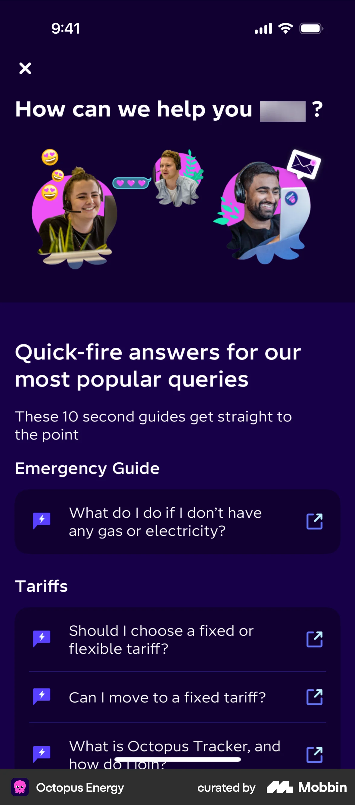 Octopus Energy iOS Help & Support screen