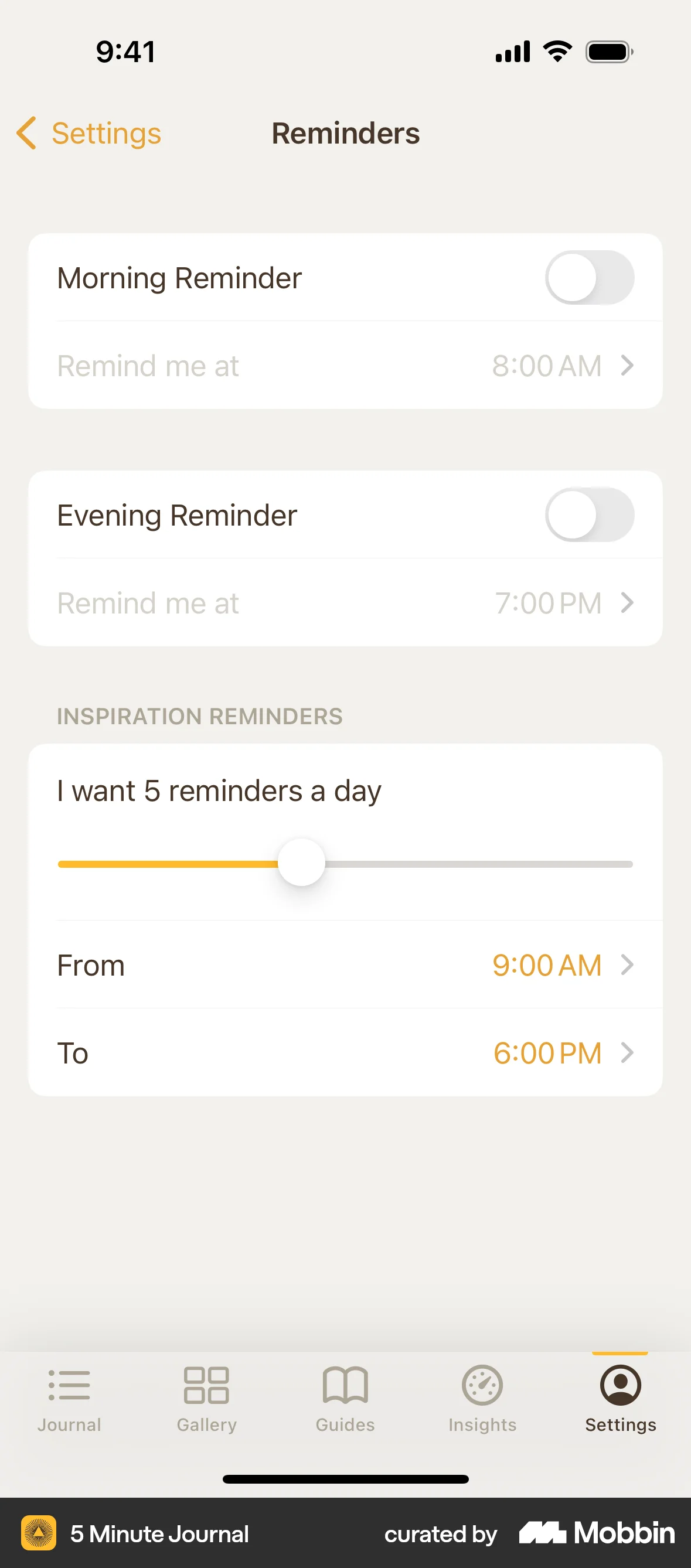 5 Minute Journal iOS Reminder screen