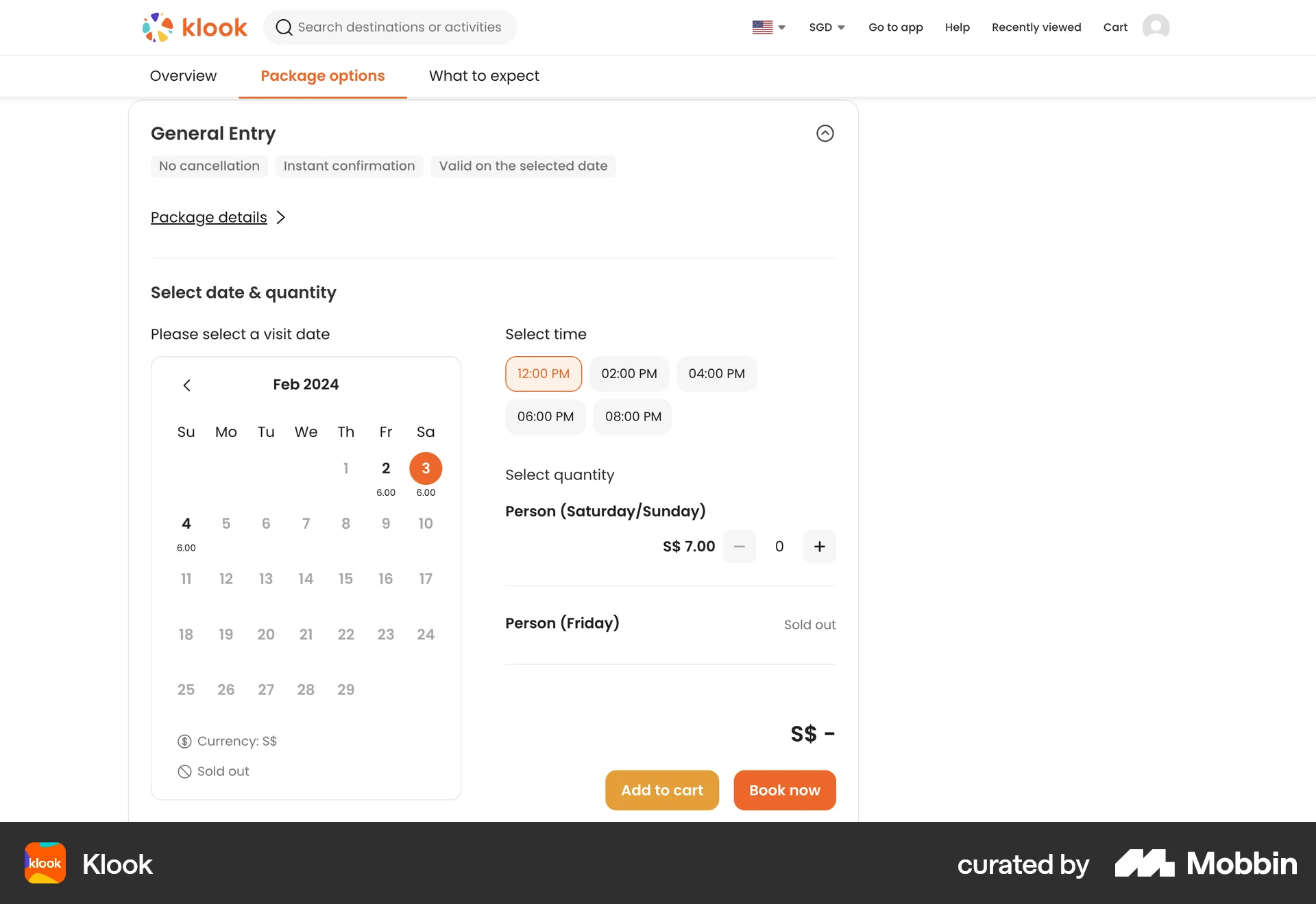 Klook Web screen containing Time Picker UI element