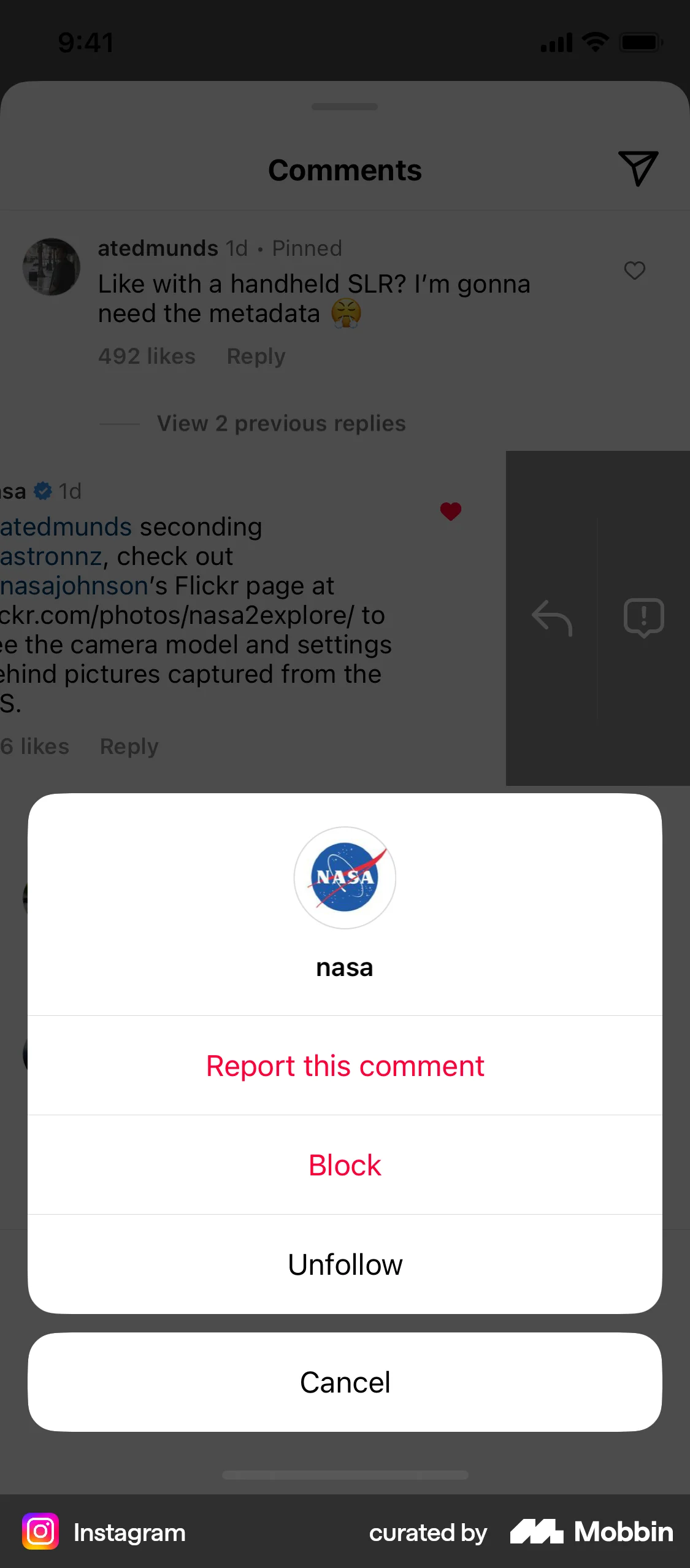 Instagram iOS Action Option screen