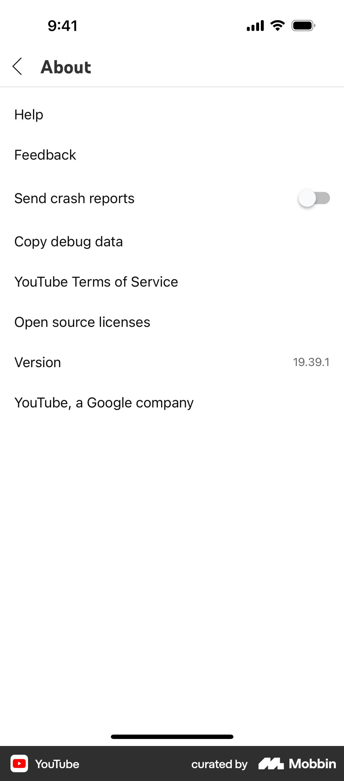 YouTube iOS About screen