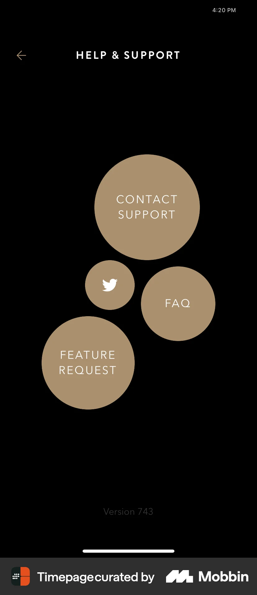 Timepage iOS Help & Support screen