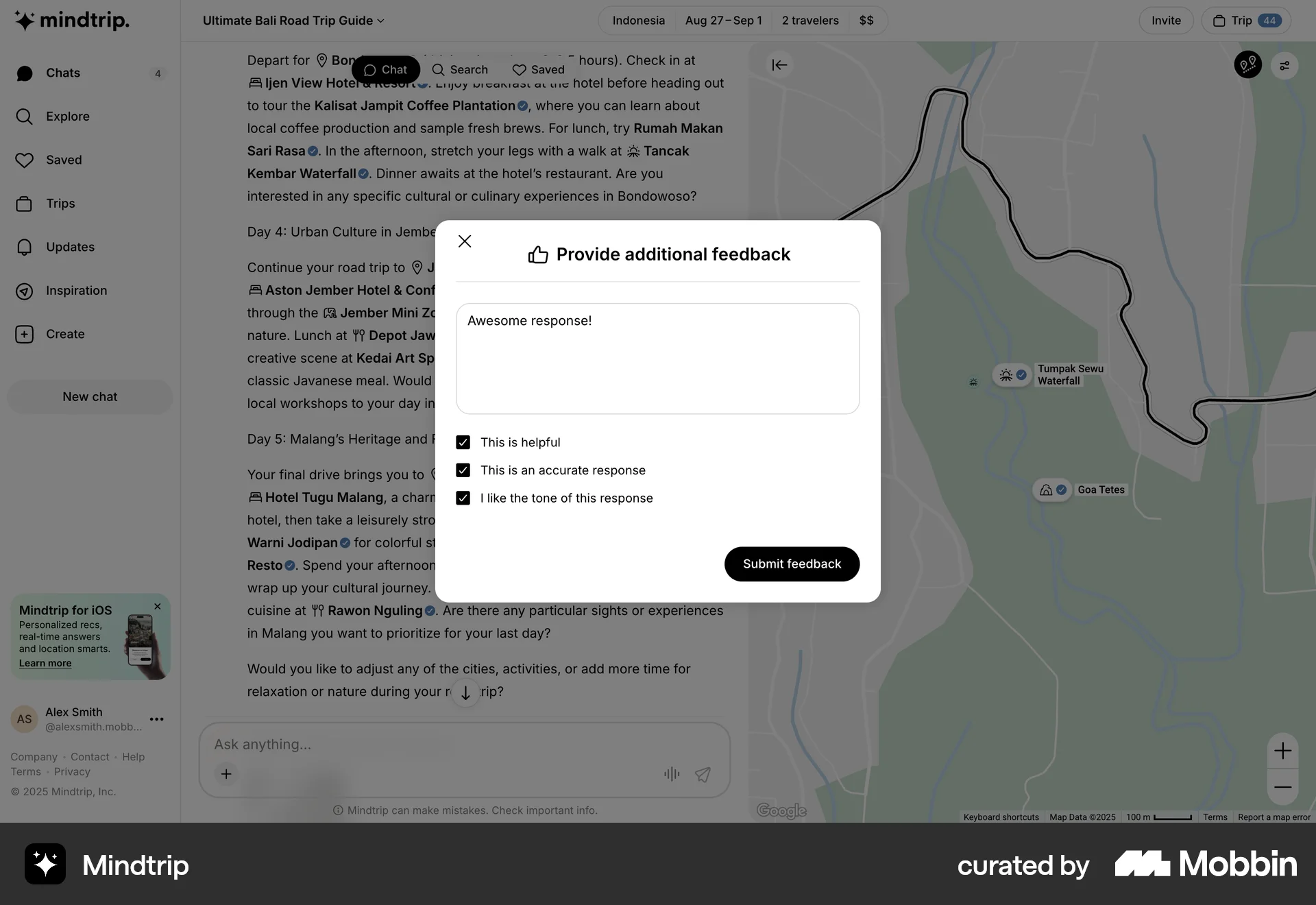 Mindtrip Web Feedback screen