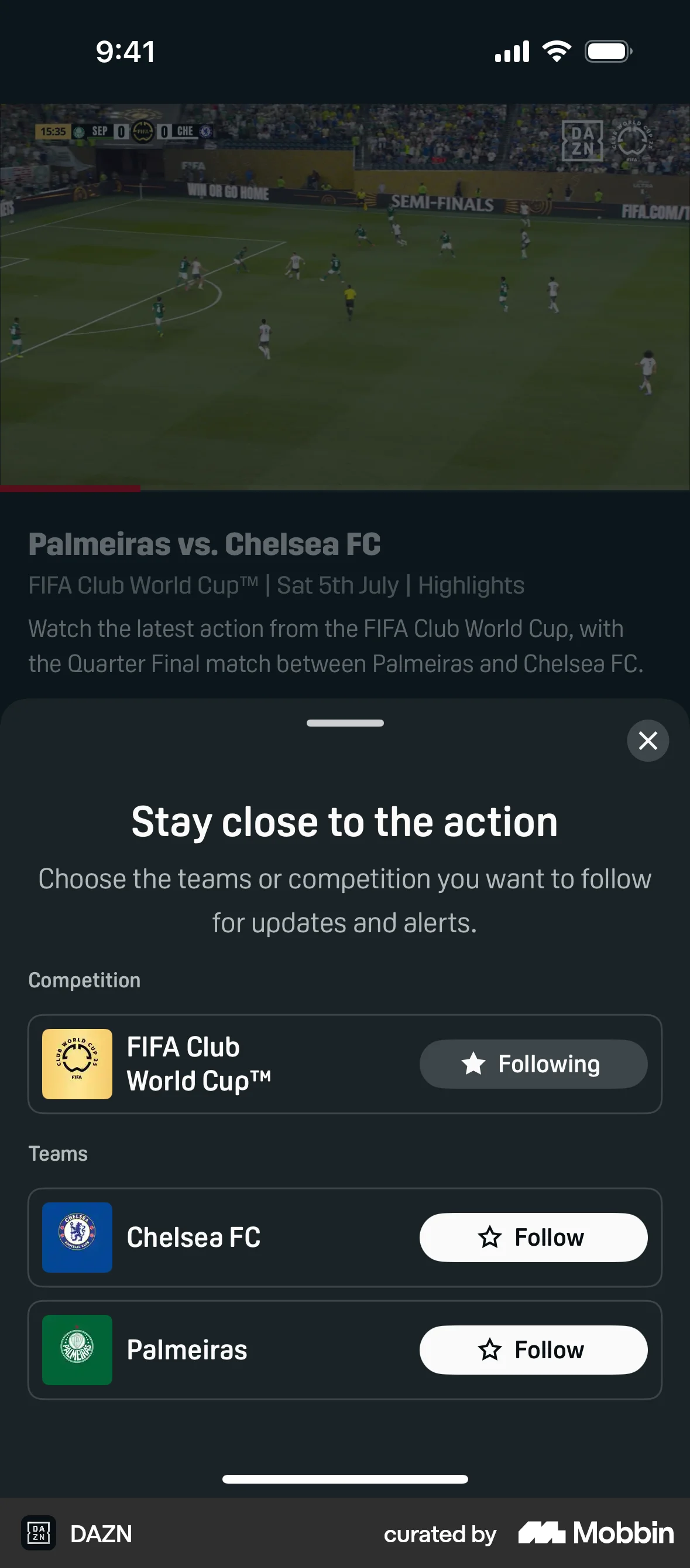 DAZN iOS Follow & Subscribe screen