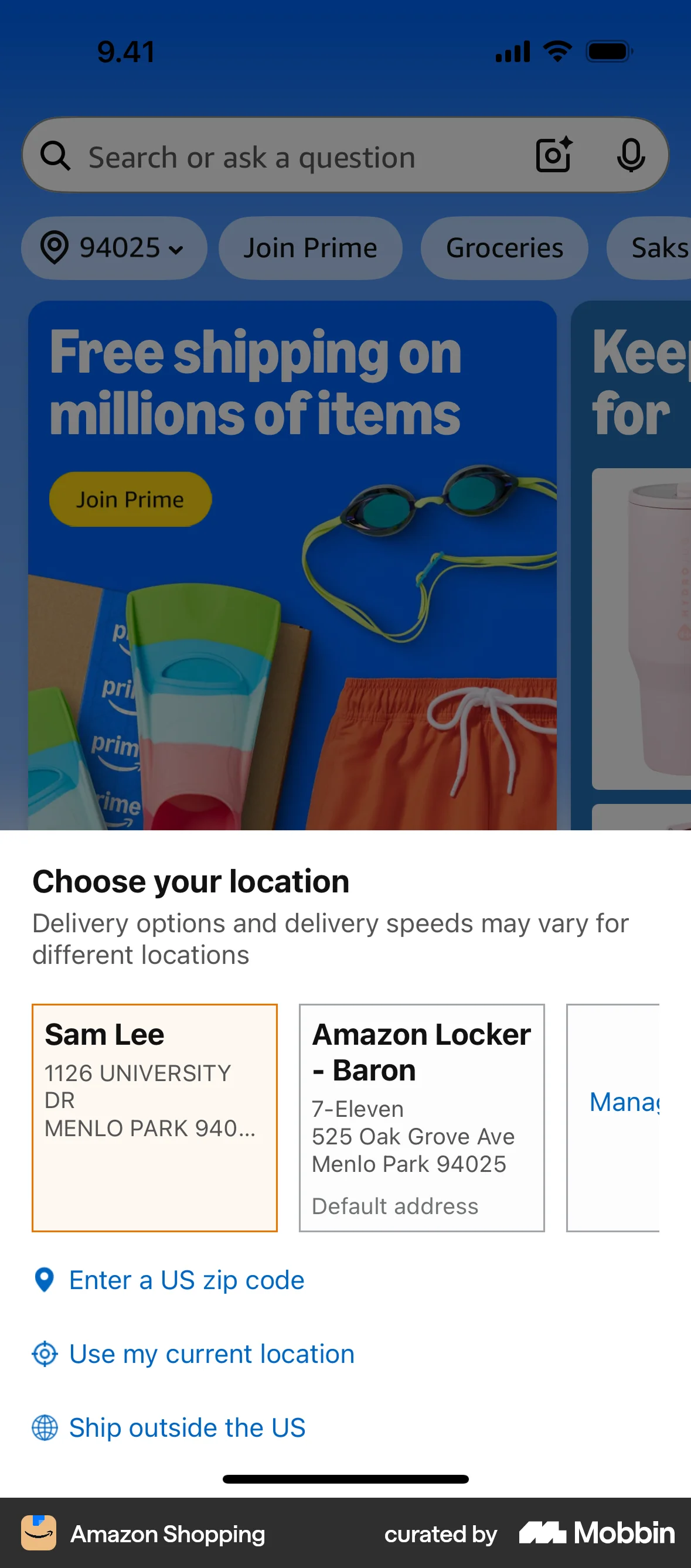 Amazon Shopping iOS Location & Address screen