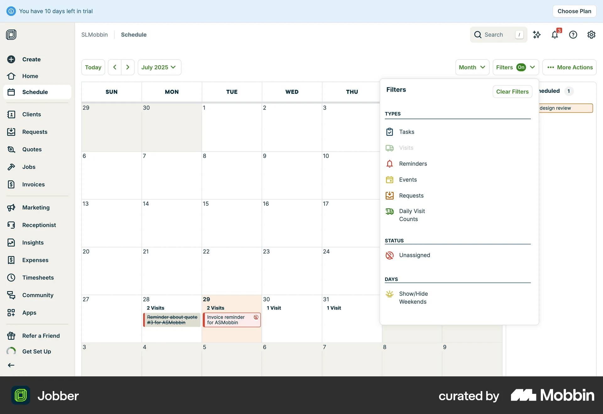 Jobber Web screen containing Popover UI element
