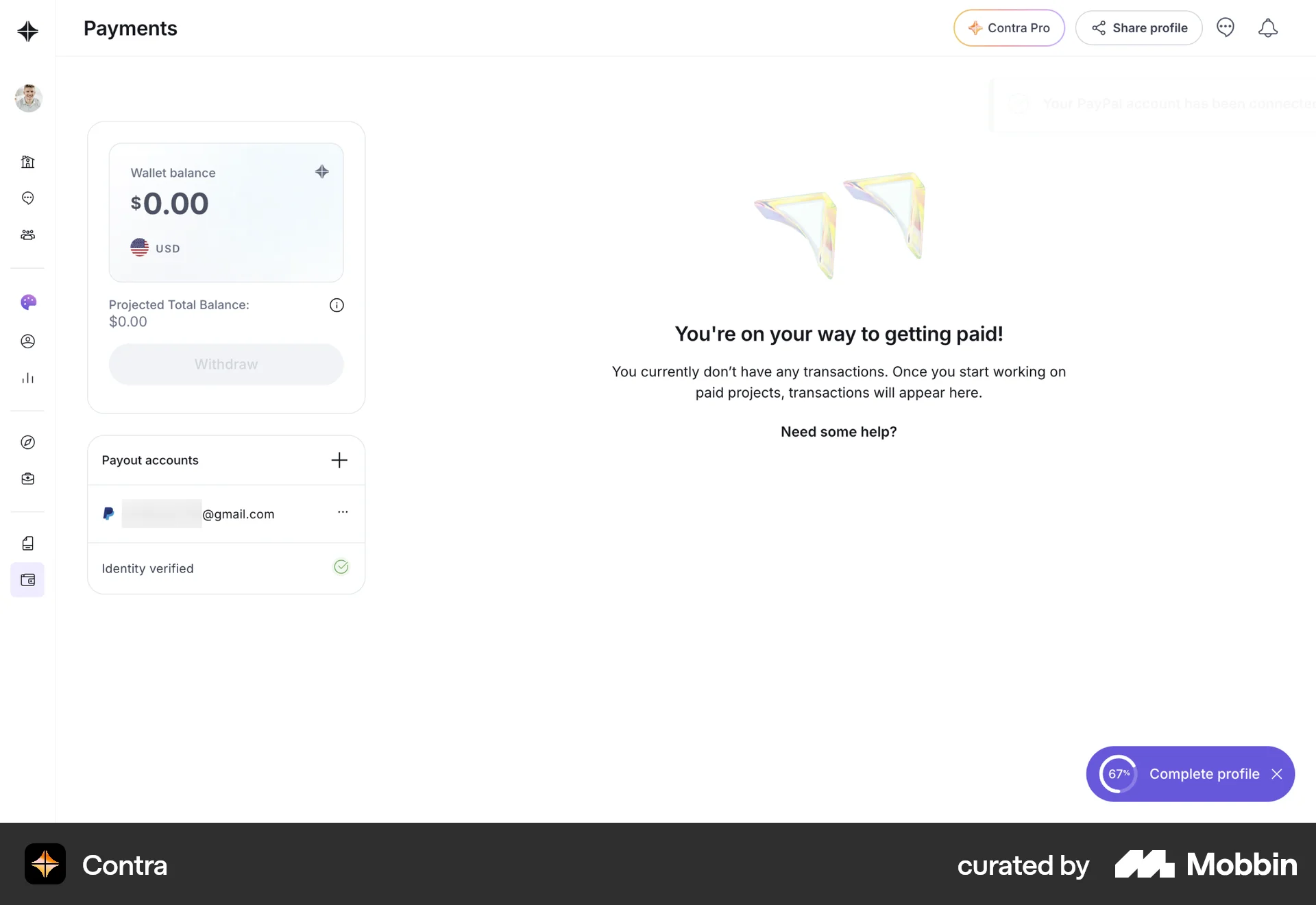 Contra Web Wallet & Balance screen